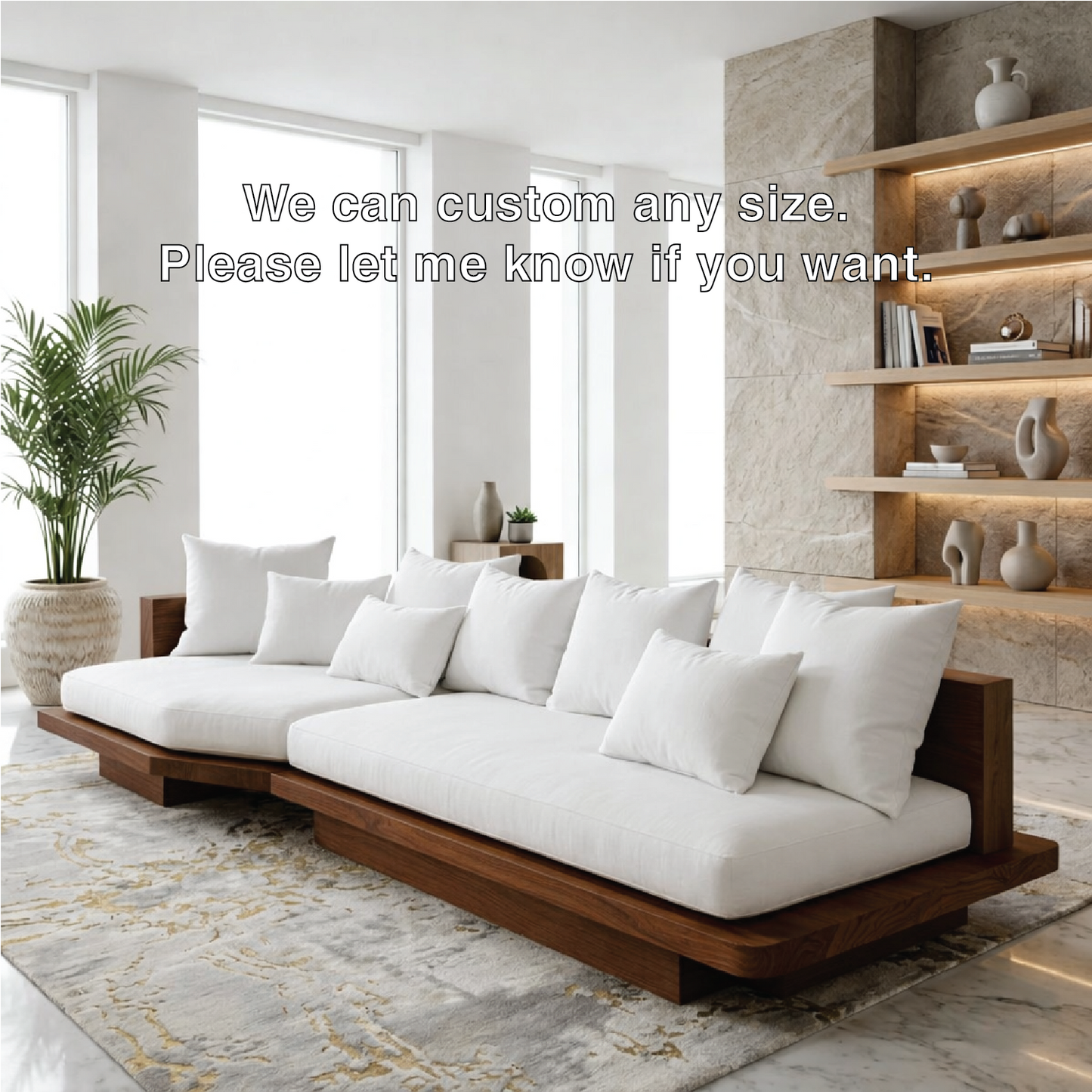 Modern Solid Wood Sofa with White Fabric Cushions Luxury Japandi Living Room Couch