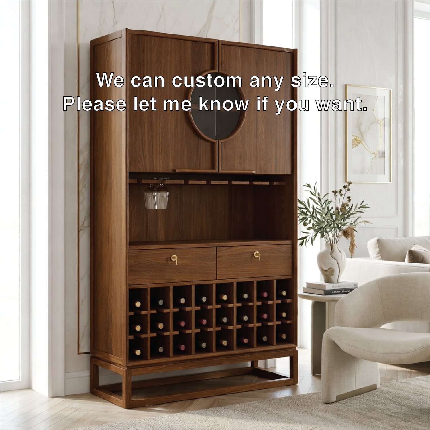 Contemporary Wooden Bar Cabinet, Sophisticated Wine Storage Hutch with Circular Doors