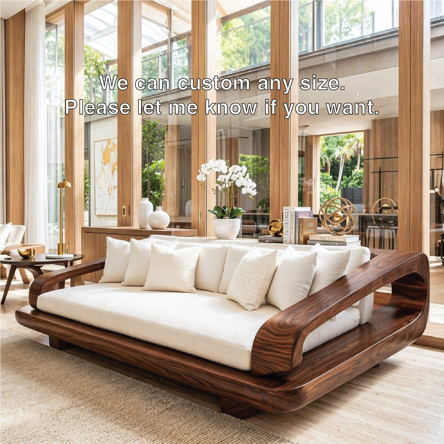 Luxury Wooden Platform Sofa, Minimalist Lounge Couch with Oversized White Cushions