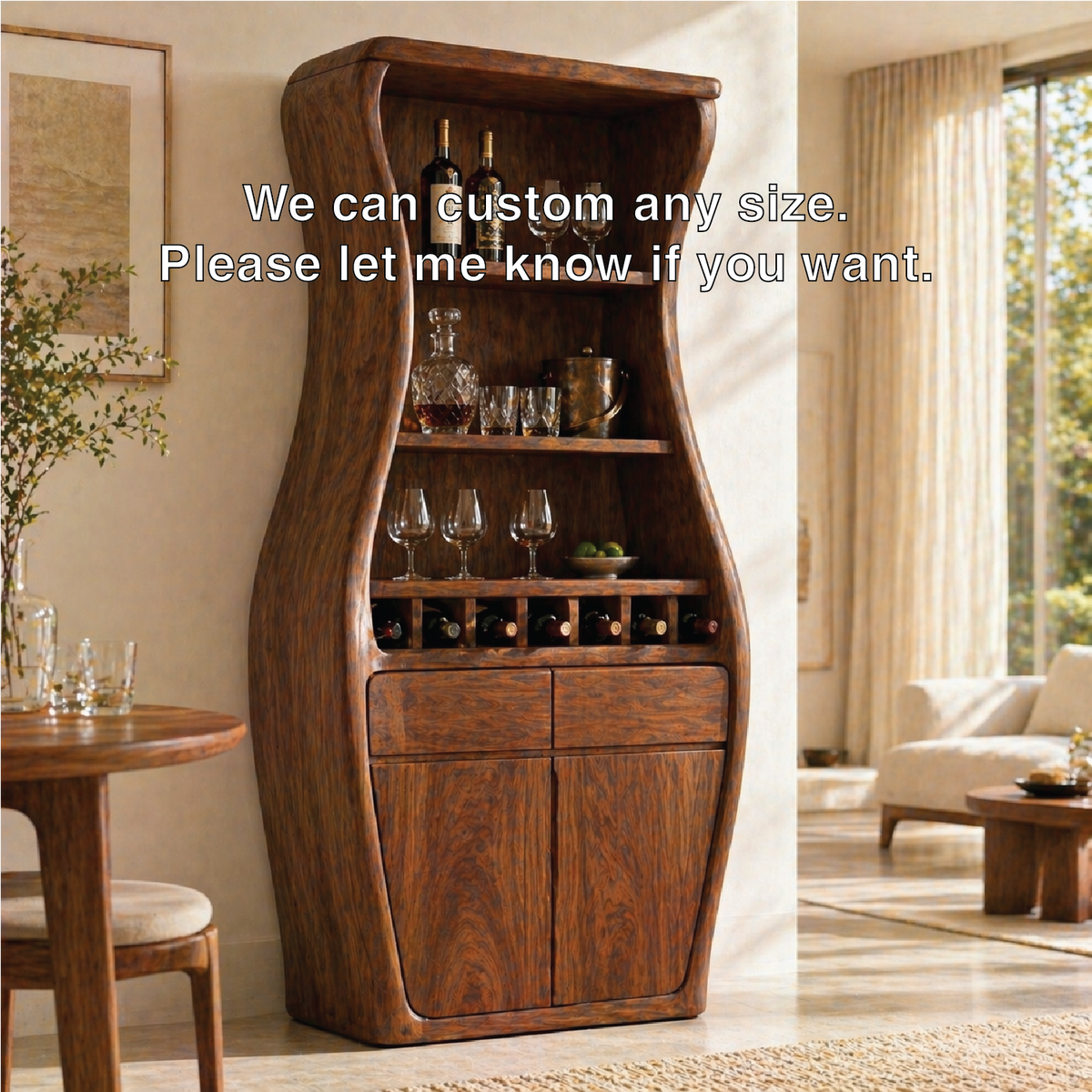 Sculptural Tall Wine Cabinet Bar Storage Bottle Rack Shelves Drawer Organizer