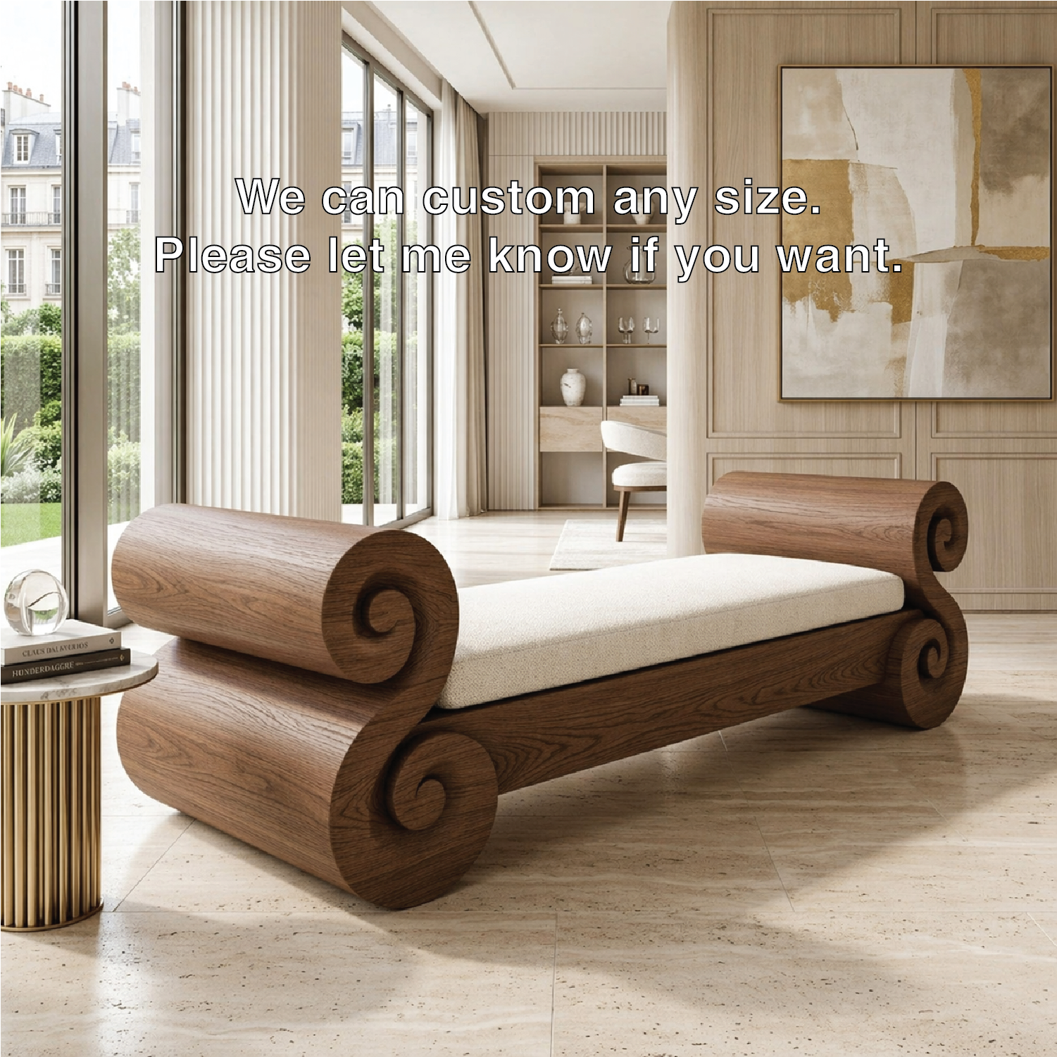 Scrolled End Bench Daybed, Sculptural Accent Seating for Elegant Modern Interiors