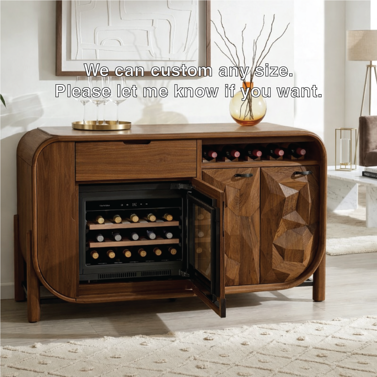 Modern Wooden Wine Bar Cabinet, Rounded Sideboard with Integrated Cooler Storage