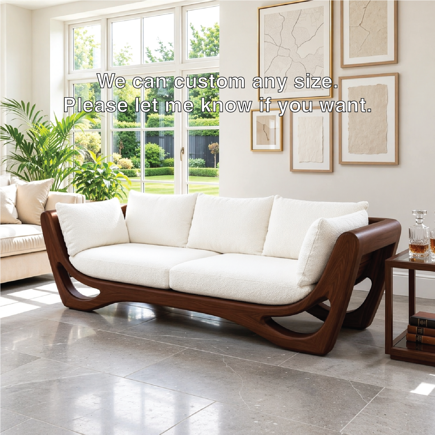 Modern Curved Wooden Sofa, Sculptural Minimalist Couch with Plush White Cushions