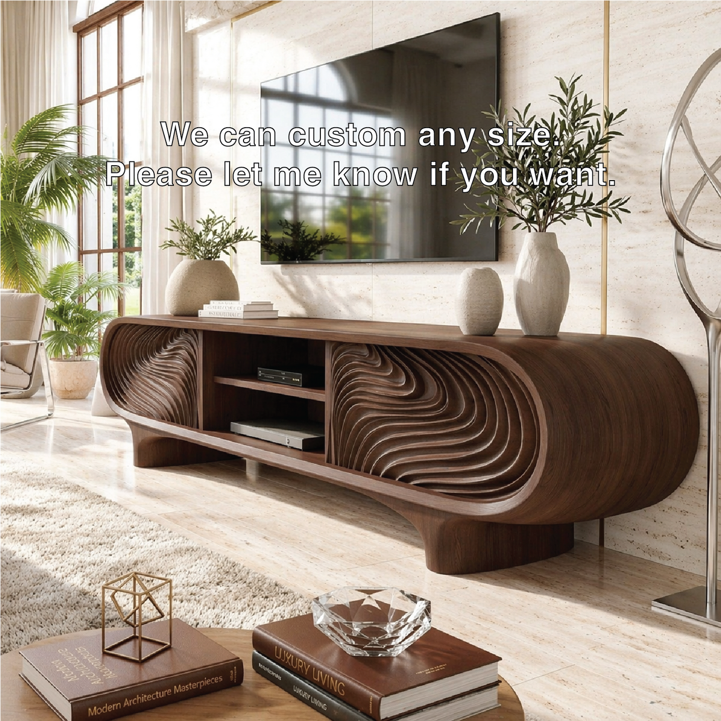 Sculptural Curved TV Console, Modern Carved Media Cabinet for Luxury Interiors