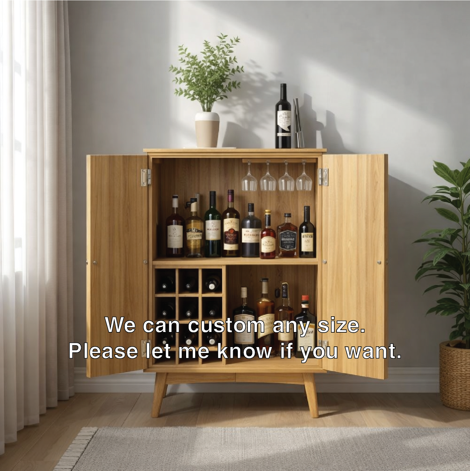 Solid Wood Wine Cabinet with Double Doors and Built-In Bottle Rack