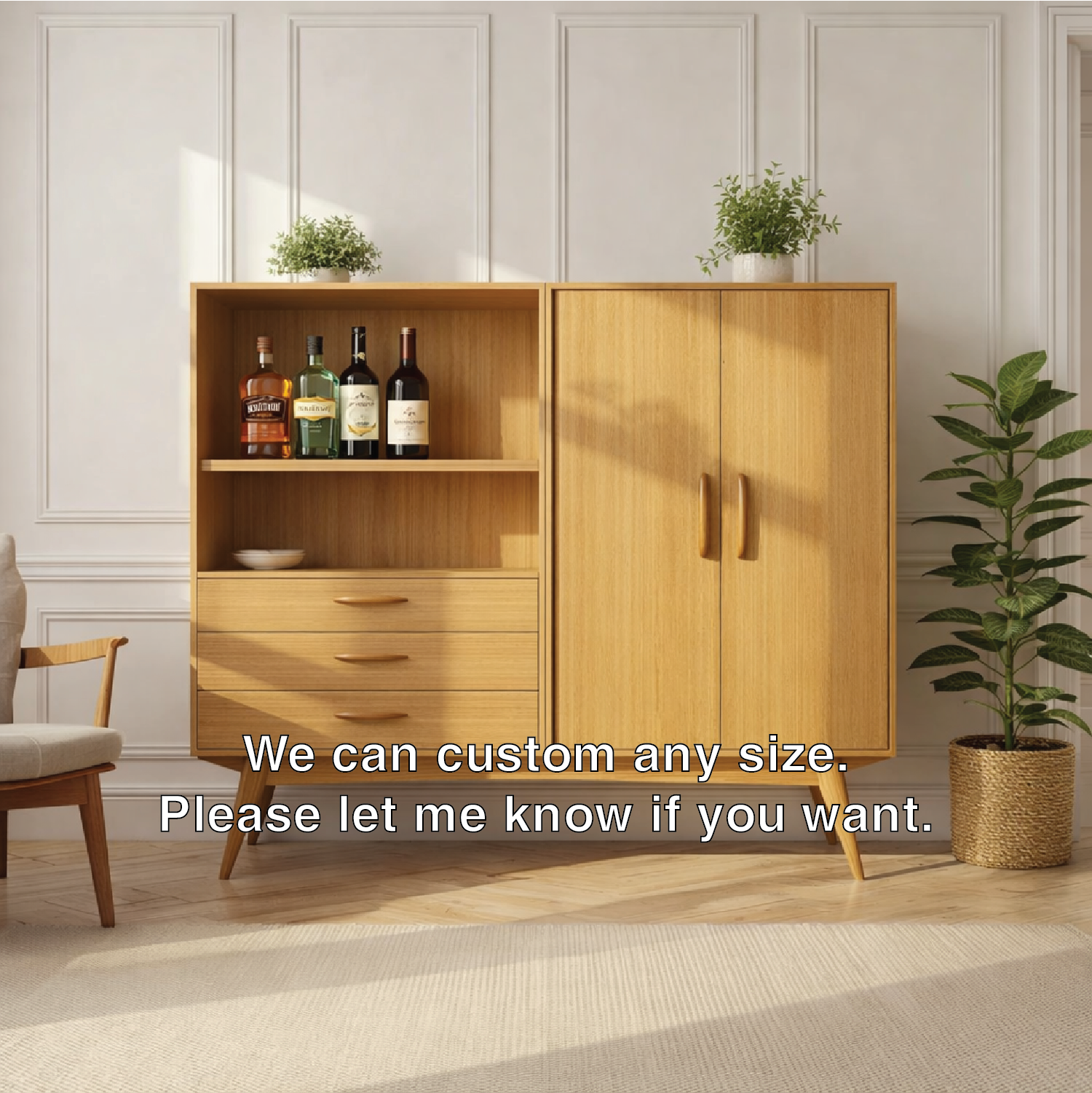 Handcrafted Solid Wood Wine Cabinet Mid Century Bar Storage with Doors and Drawers