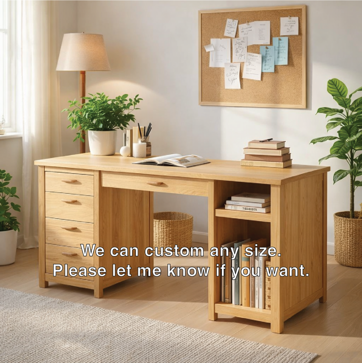 Solid Oak Handmade Work Desk with Drawers and Open Storage Shelves