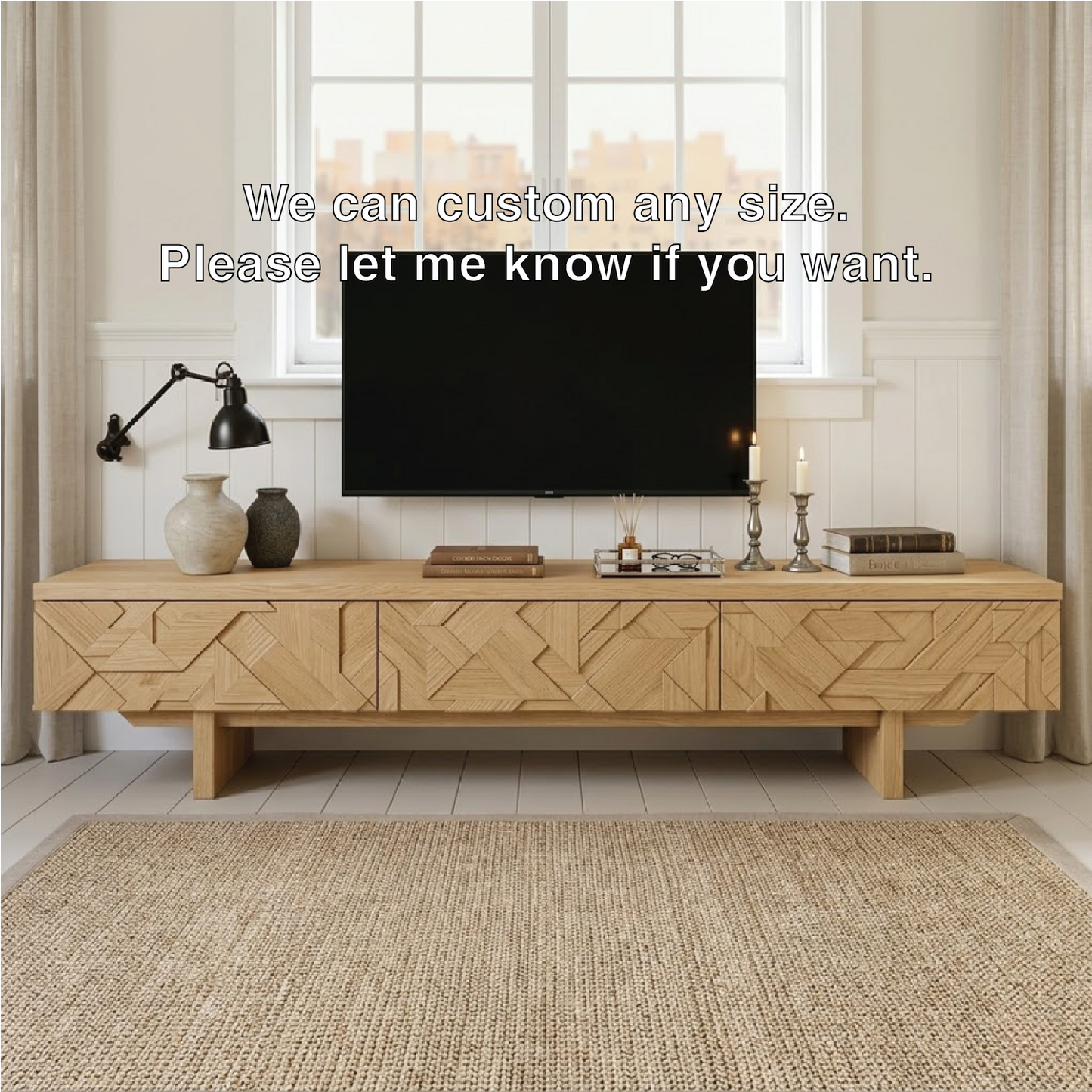 Solid Wood TV Stand with Geometric Doors, Modern Media Console Cabinet