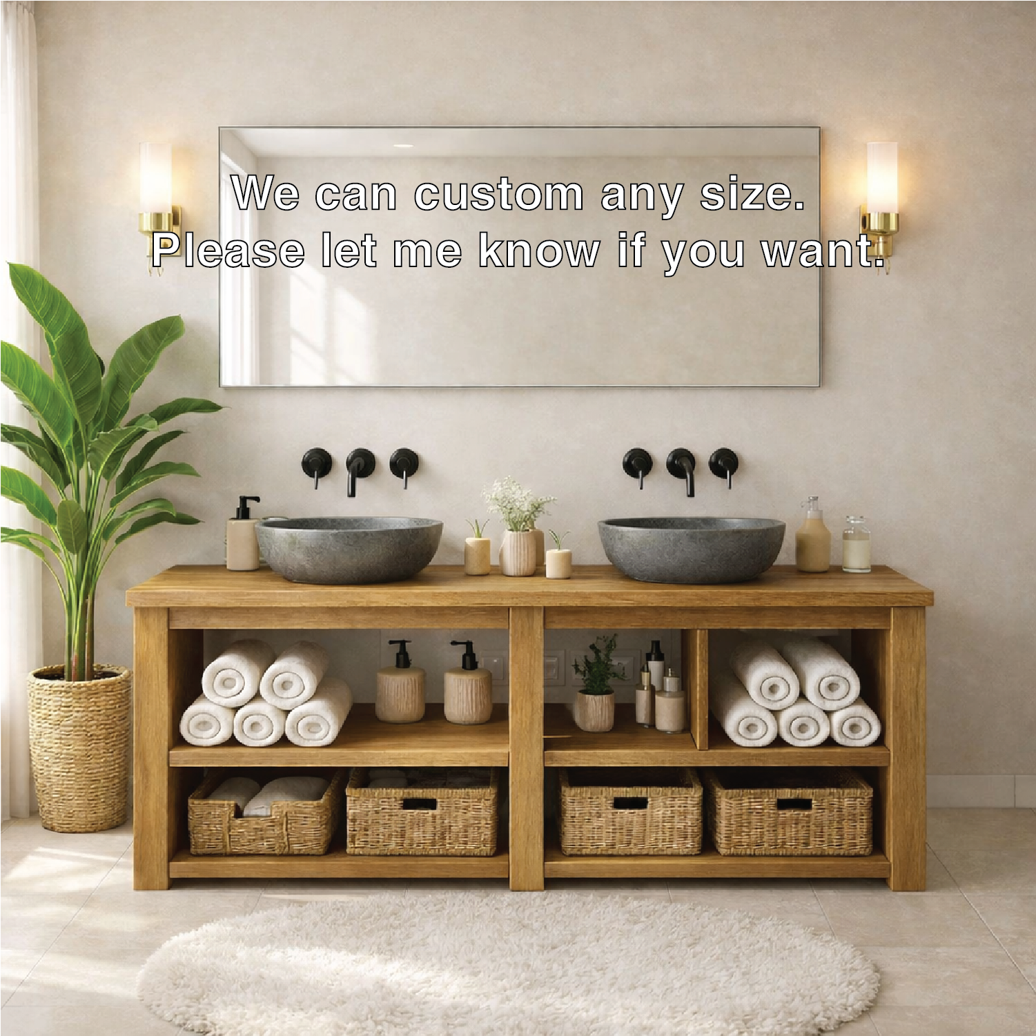 Rustic Double-Sink Wooden Bathroom Vanity with Storage Shelves