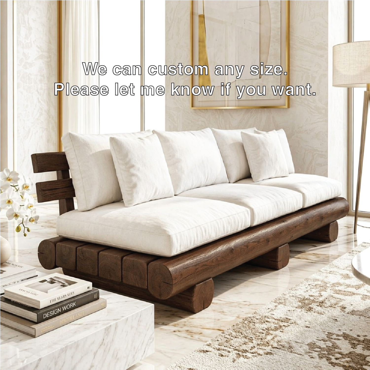 Modern Rustic Wooden Sofa, Minimalist Contemporary Lounge with Oversized Cream Cushions