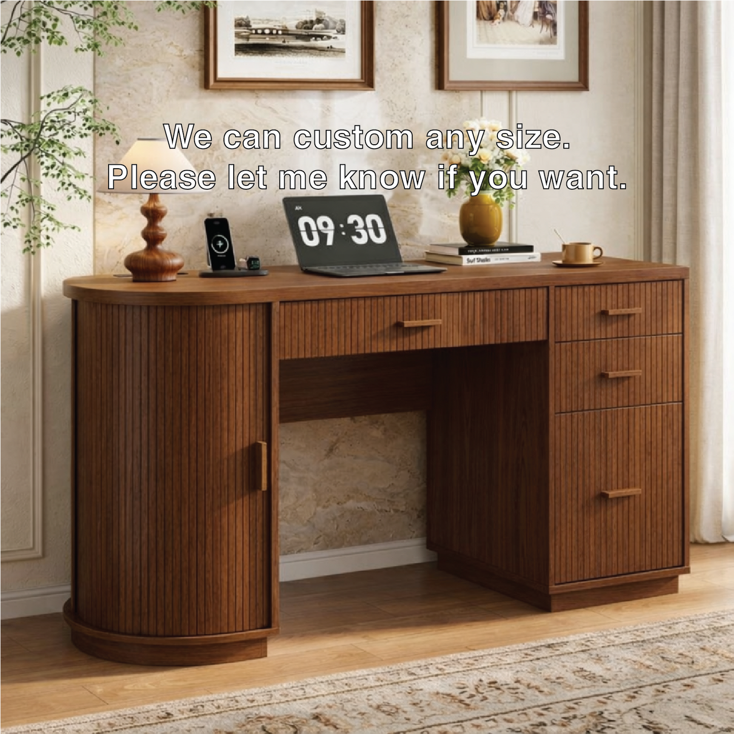 Modern Fluted Executive Desk with Drawers, Curved Cabinet Home Office Writing Table