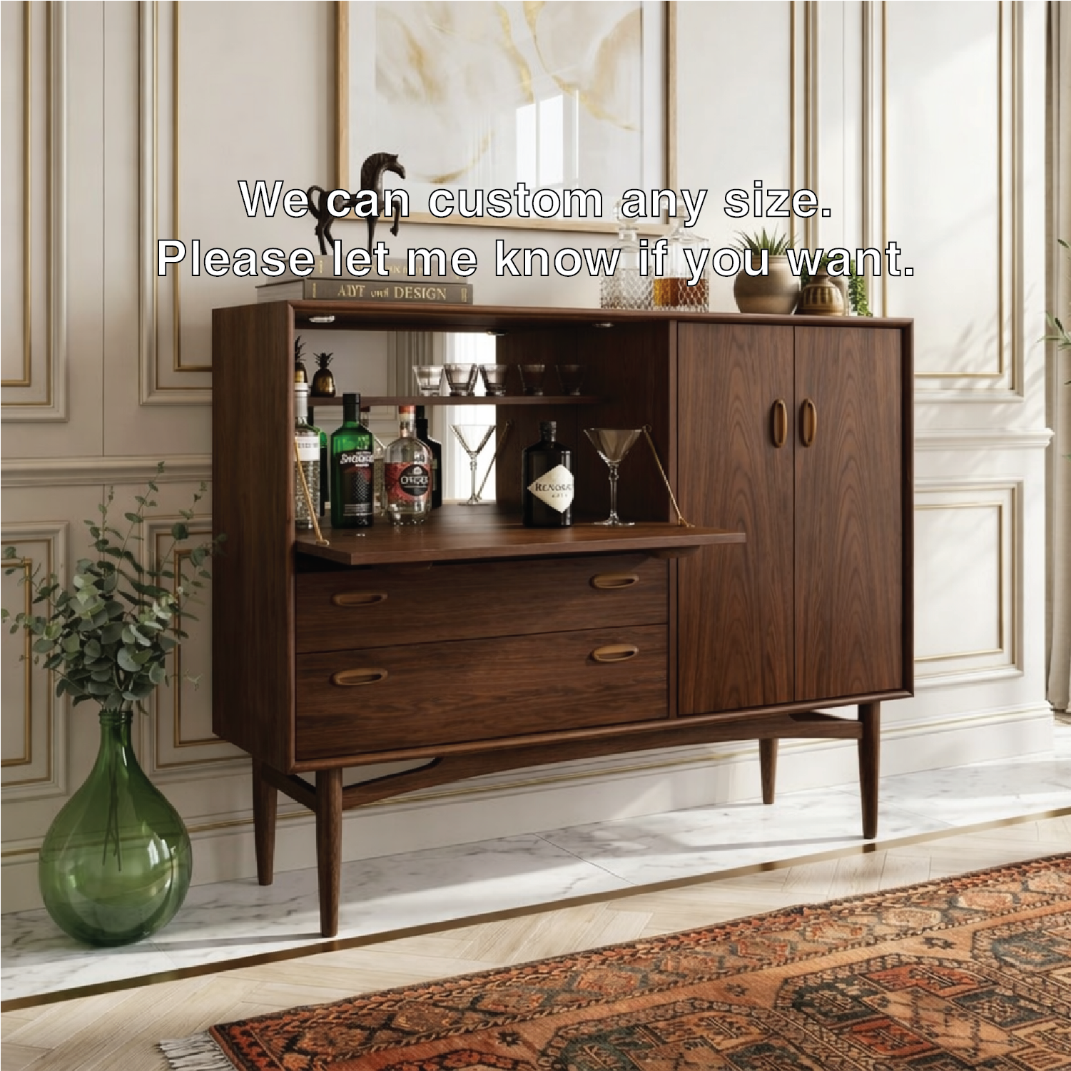 Contemporary Wooden Bar Cabinet, Stylish Mid Century Entertaining Console for Storage