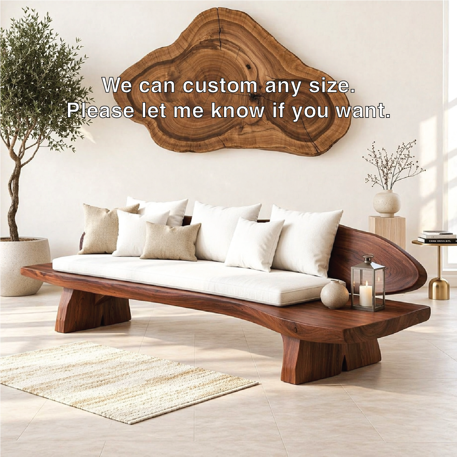Organic Modern Wooden Sofa, Curved Minimalist Lounge Bench with Oversized Cushions