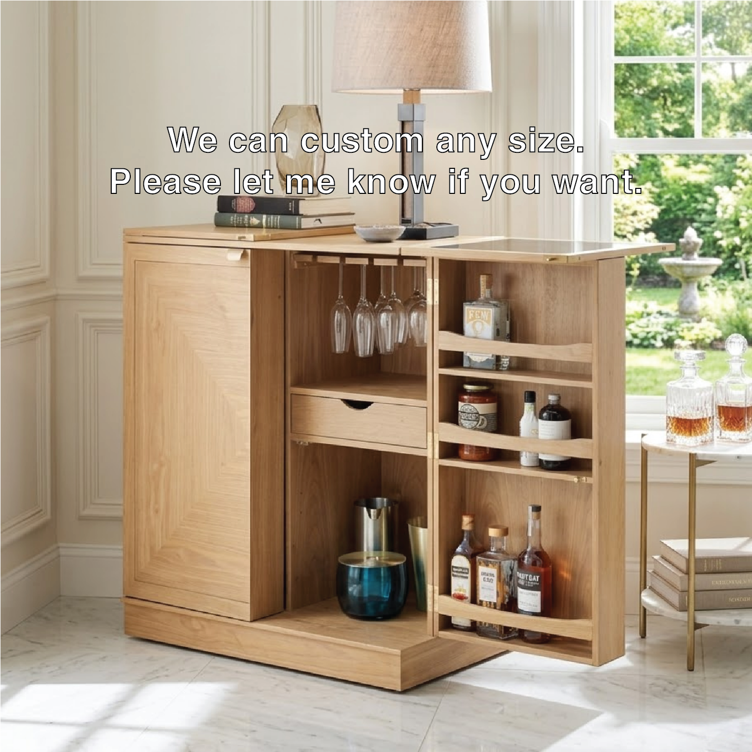 Contemporary Wooden Bar Cabinet, Fold-Out Entertaining Console with Glassware Storage