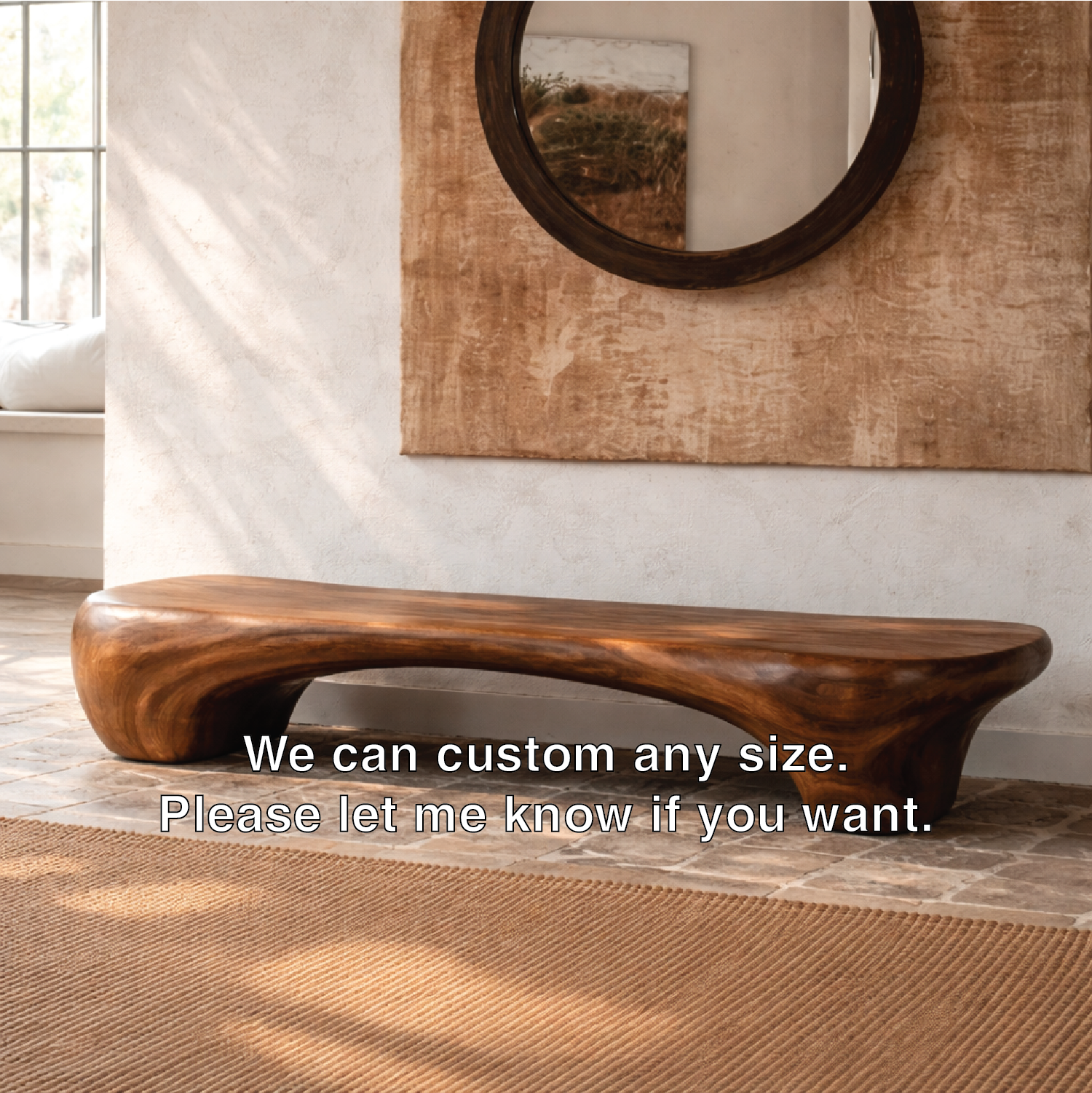 Organic Sculptural Solid Wood Bench, Modern Rustic Statement Seating