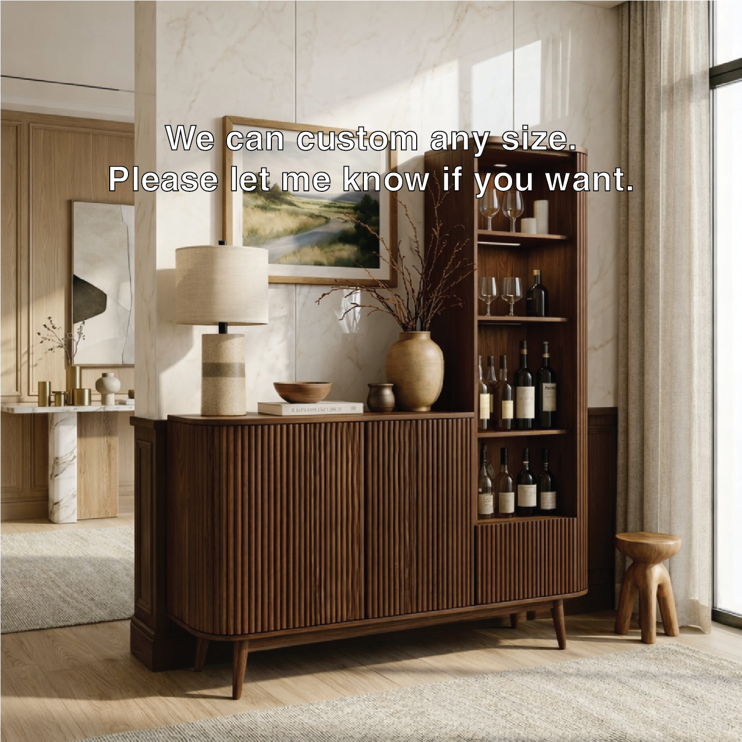 Contemporary Wooden Bar Cabinet, Fluted Sideboard with Tall Bottle Display Storage