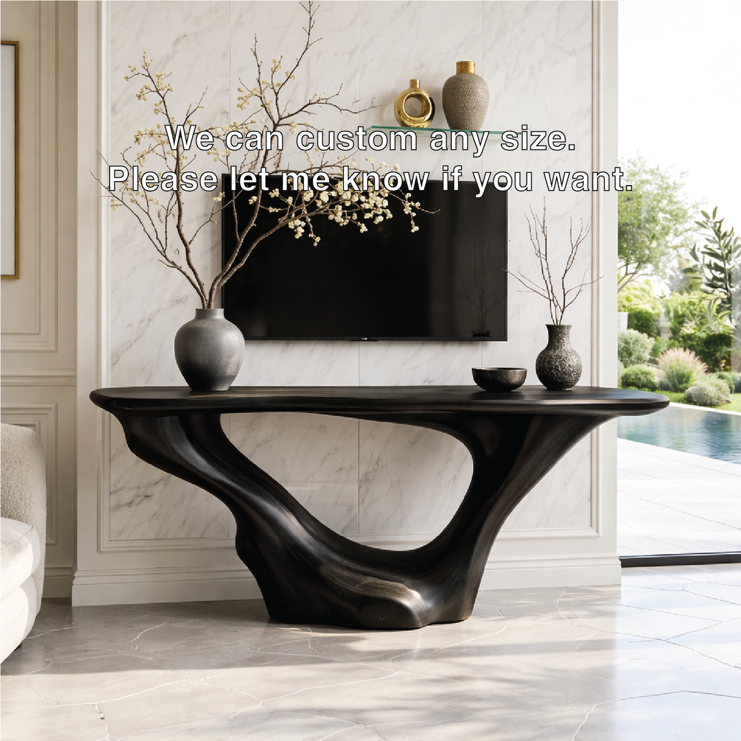 Solid Wood Console Table with Sculpted Curved Base, Modern Minimalist Design