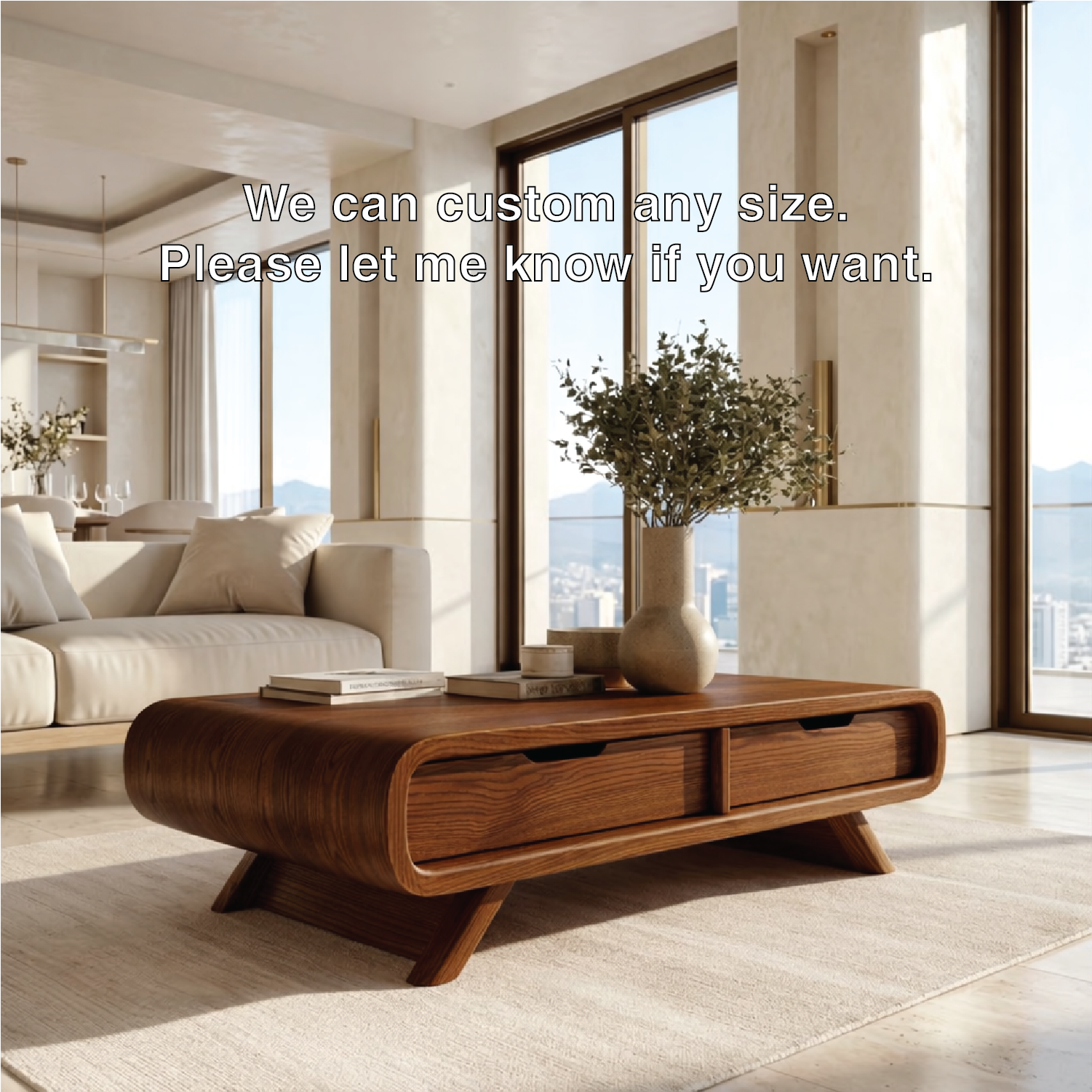 Modern Storage Coffee Table with Drawers, Minimalist Rounded Living Room Centerpiece