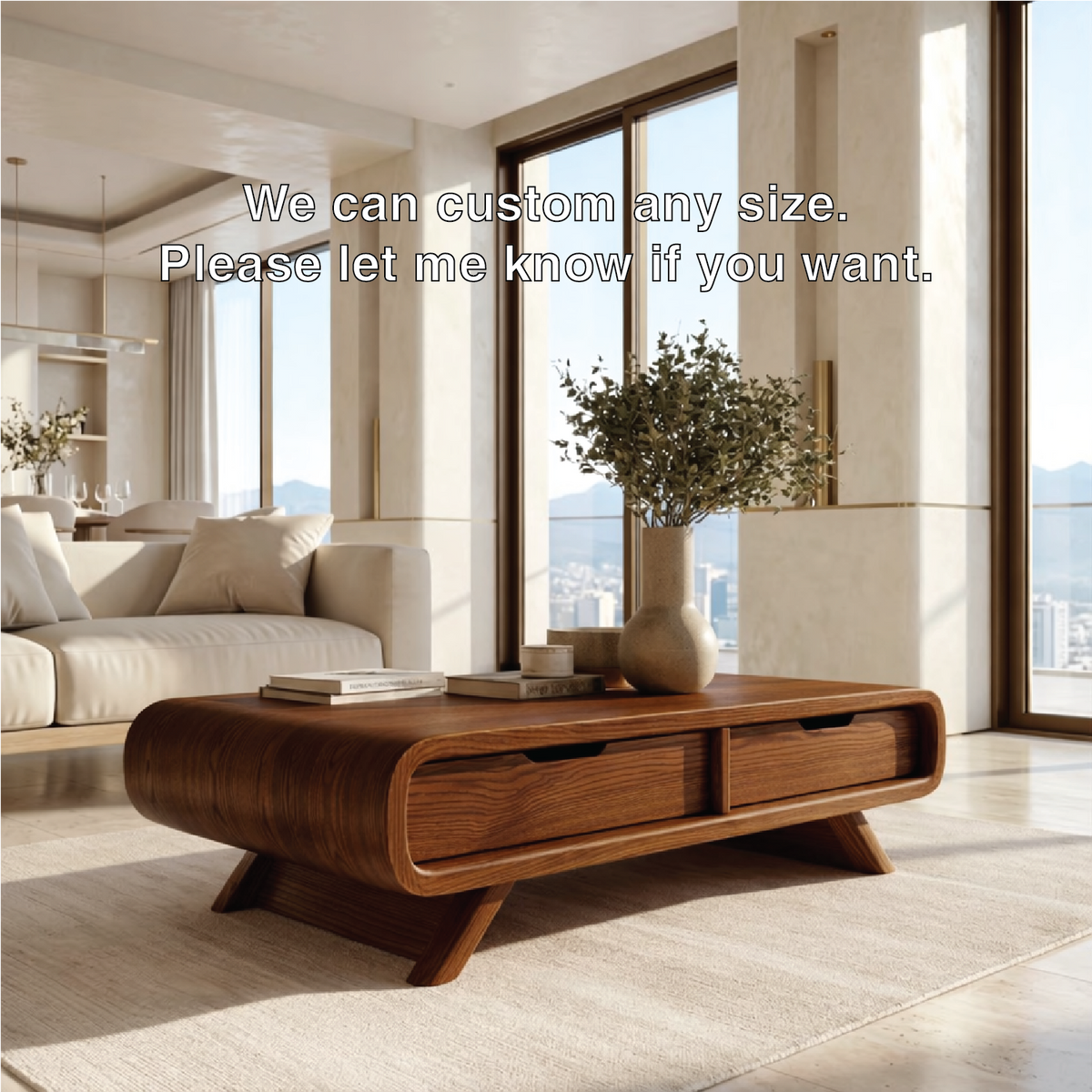 Modern Storage Coffee Table with Drawers, Minimalist Rounded Living Room Centerpiece