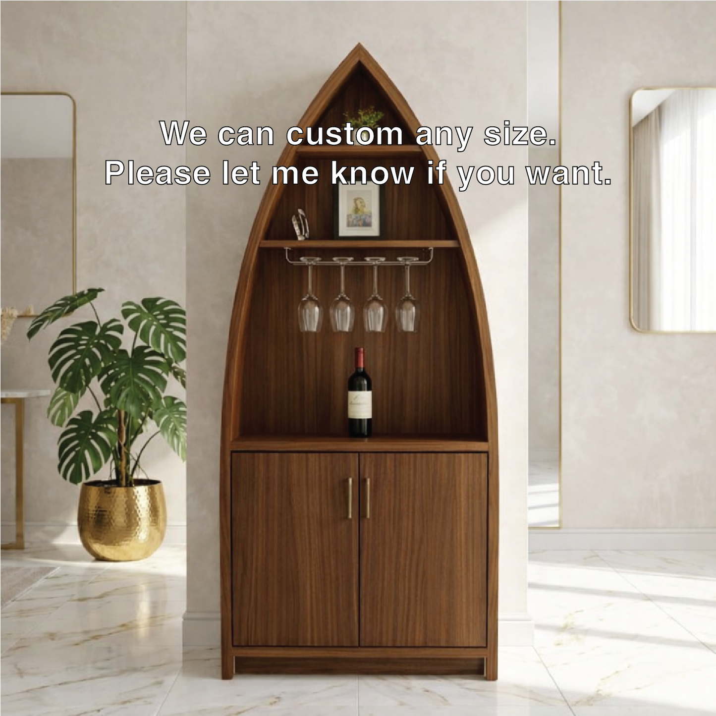 Modern Boat Shaped Bar Cabinet with Glass Rack and Concealed Storage