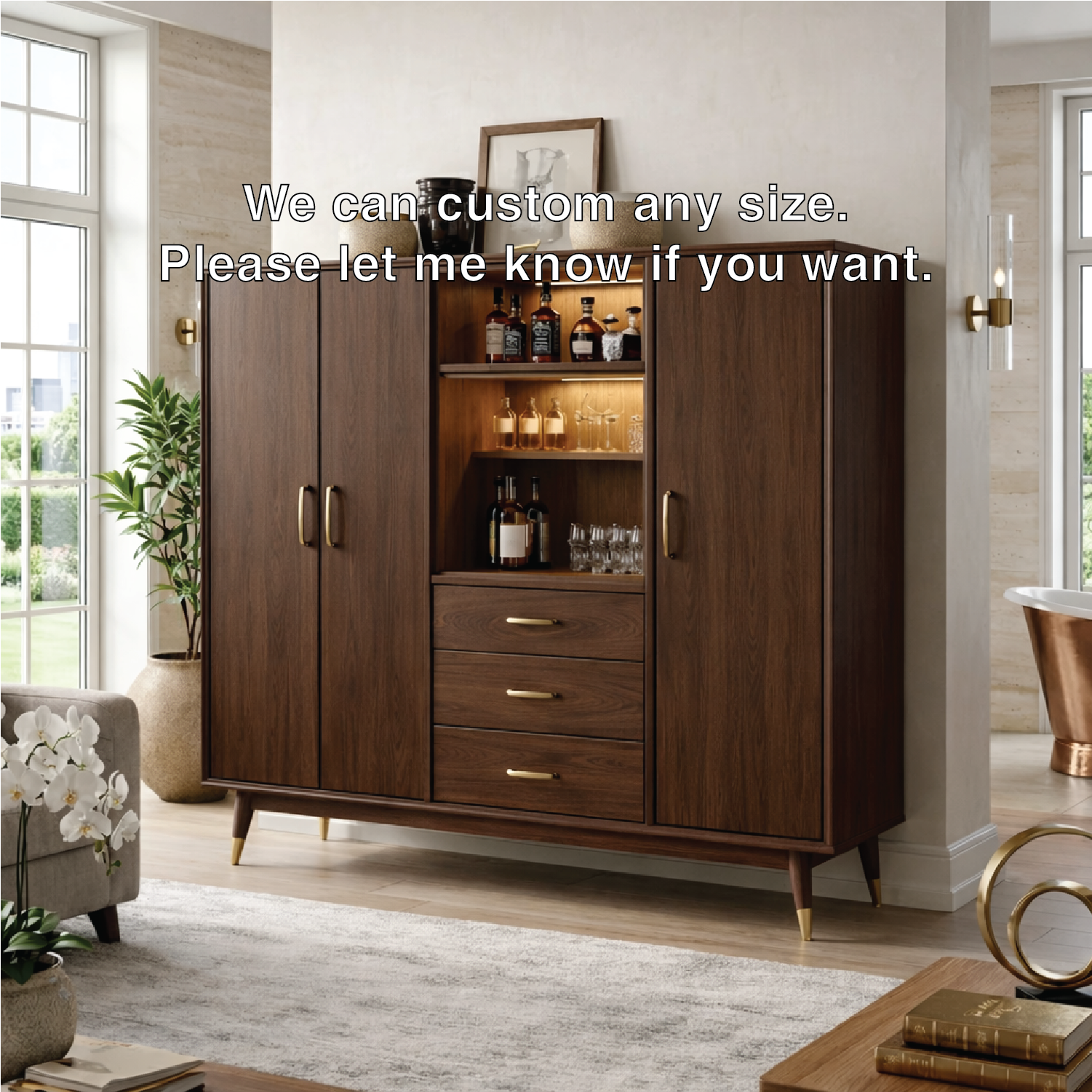 Contemporary Wooden Bar Cabinet, Entertaining Storage Sideboard with Glassware Display