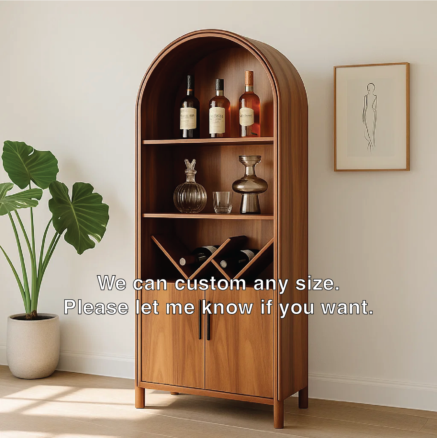 Handcrafted Solid Wood Wine Cabinet Arched Display Shelf Mid Century Modern Bar Storage Furniture