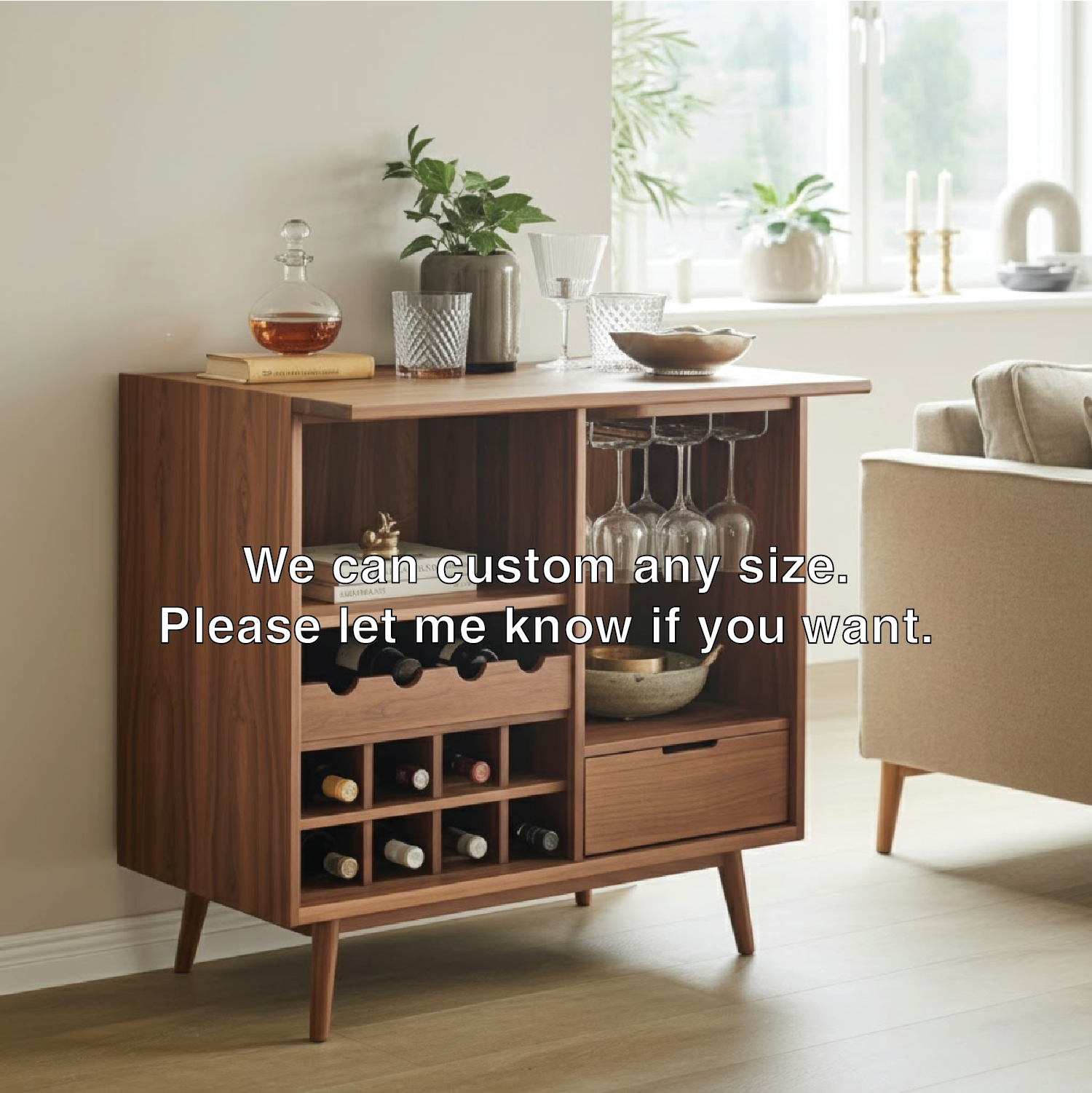 Handcrafted Solid Wood Wine Cabinet Compact Bar Storage with Glass Holder Mid Century Style