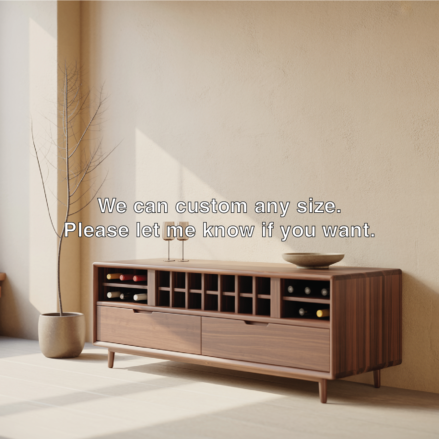 Handcrafted Solid Wood Wine Cabinet Console Mid Century Modern Low Bar Storage Furniture Sideboard