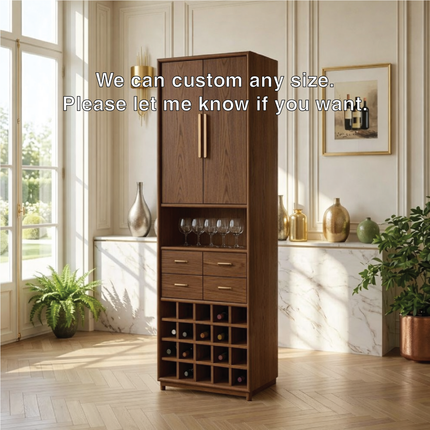 Modern Wine Cabinet with Glass Display, Drawers and Built-In Bottle Rack Storage