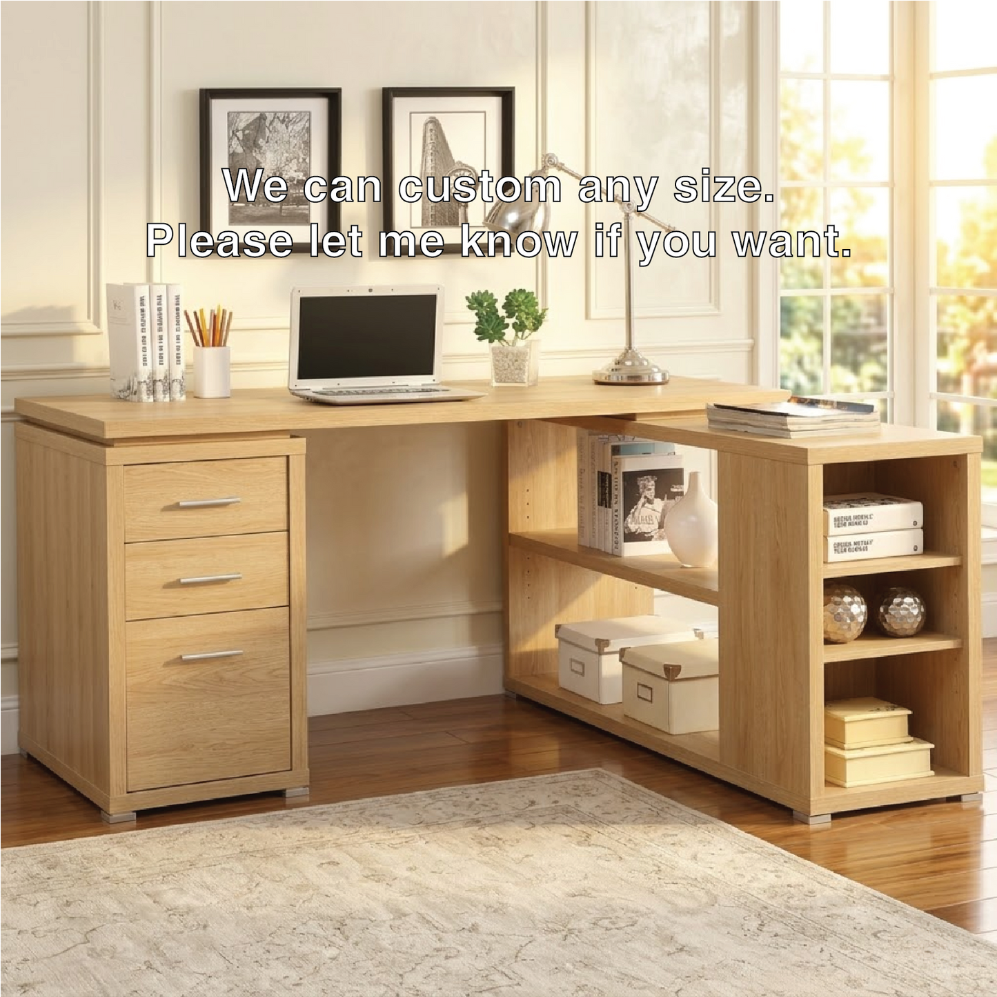 Contemporary L-Shaped Corner Desk with Drawers, Shelves, Home Office Workstation Writing Table