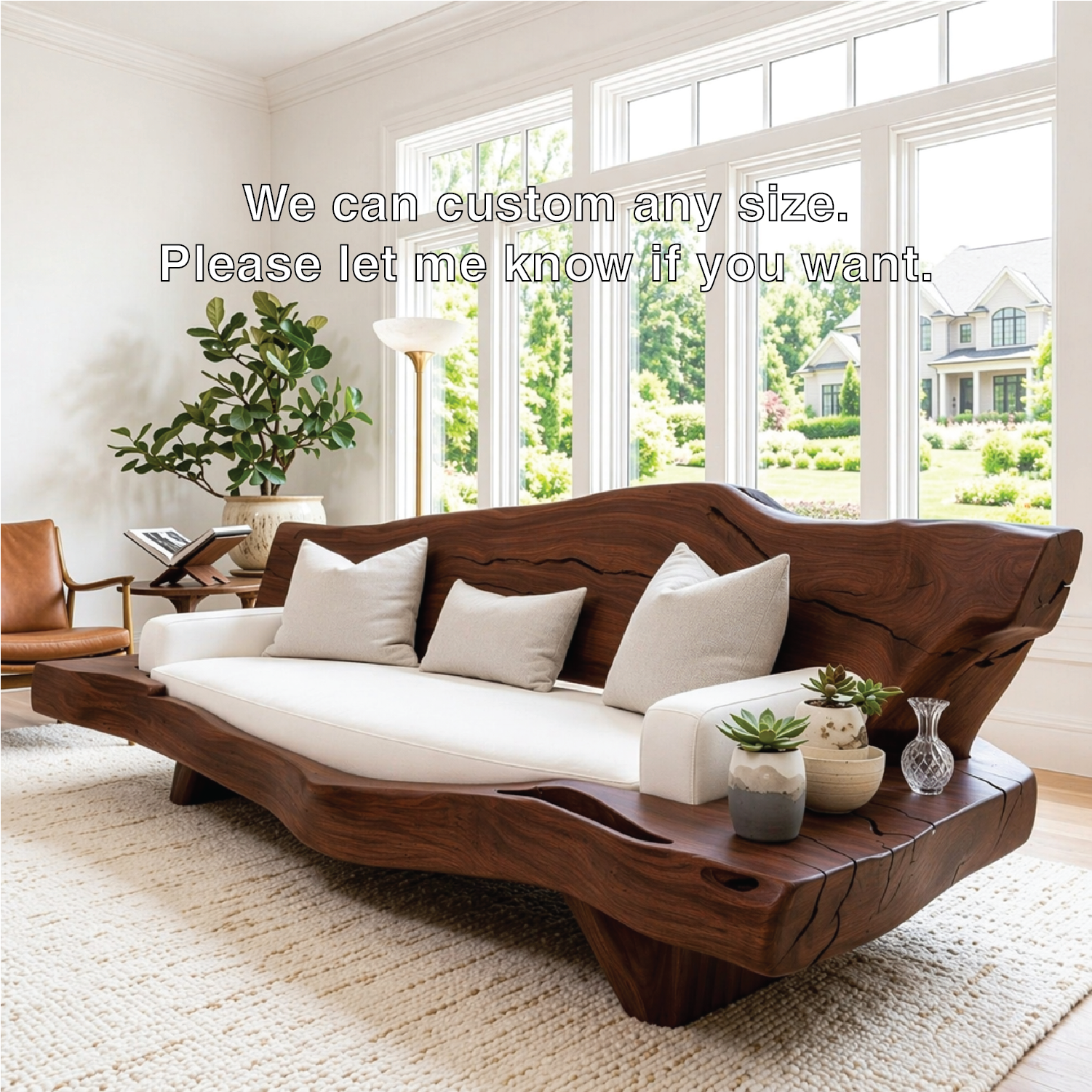 Organic Modern Wooden Sofa, Sculptural Statement Couch with White Cushion Seating