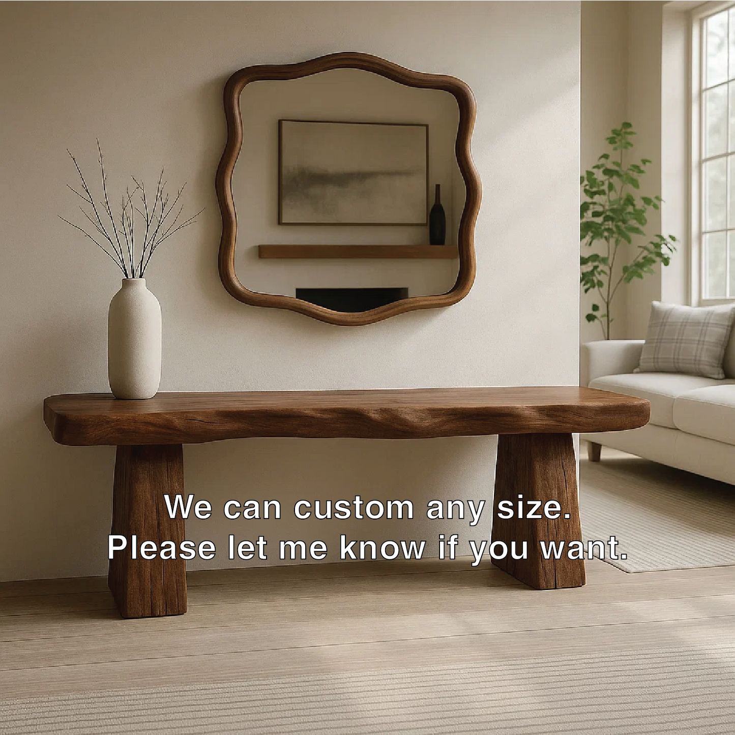 Solid Wood Entryway Bench with Sculpted Base, Handmade Rustic Hallway Seat