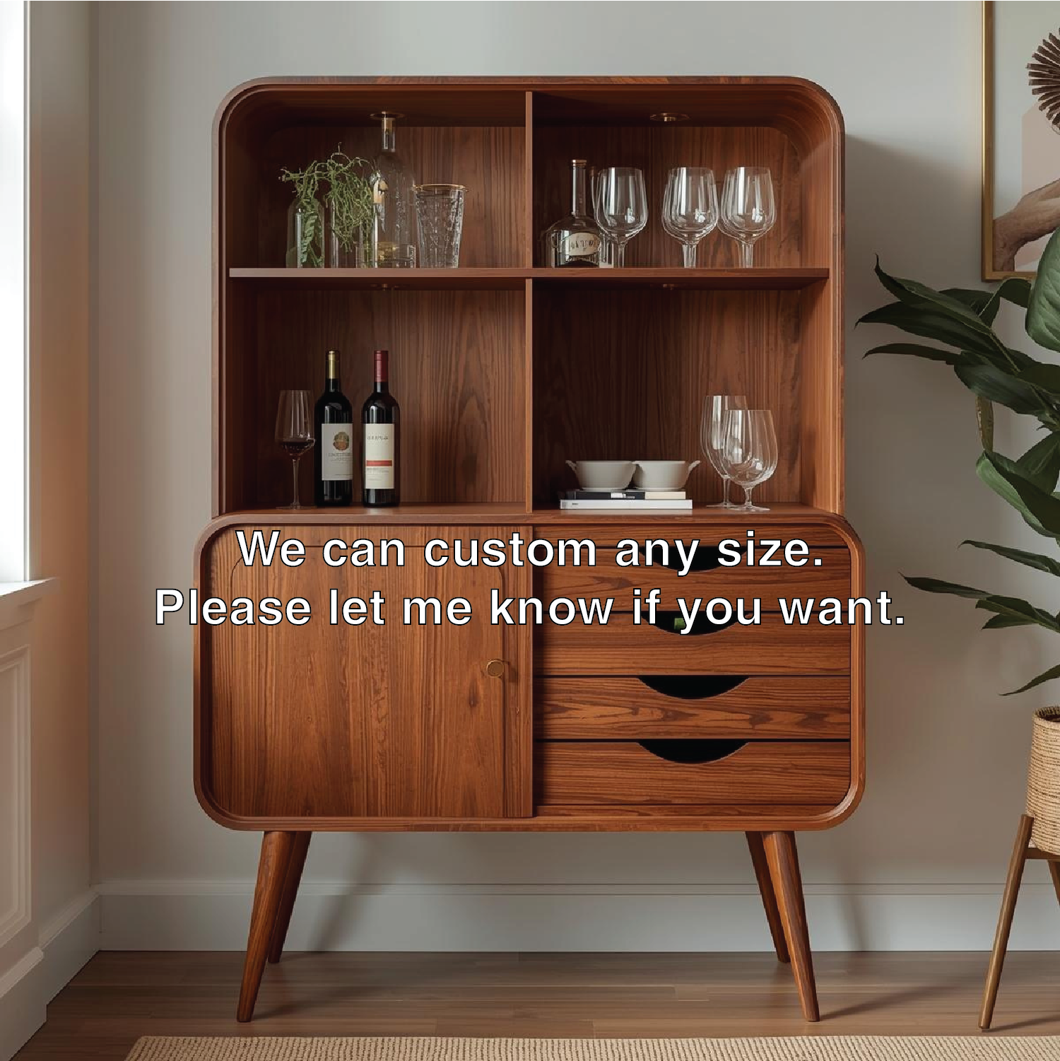 Handcrafted Solid Wood Wine Cabinet Mid Century Bar Storage with Shelves and Drawers