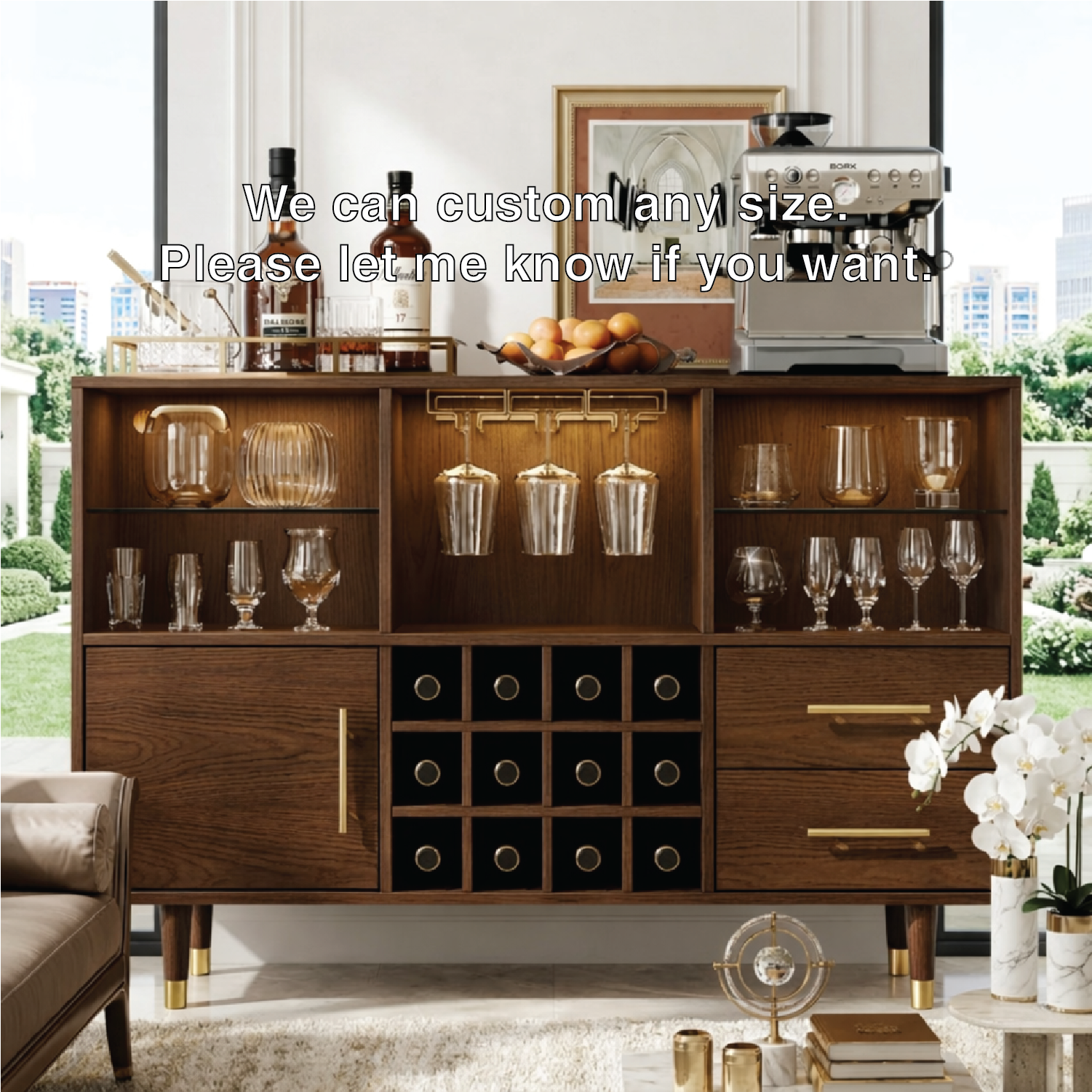 Modern Wooden Bar Cabinet, Coffee Station Sideboard with Built-In Wine-Glass Storage