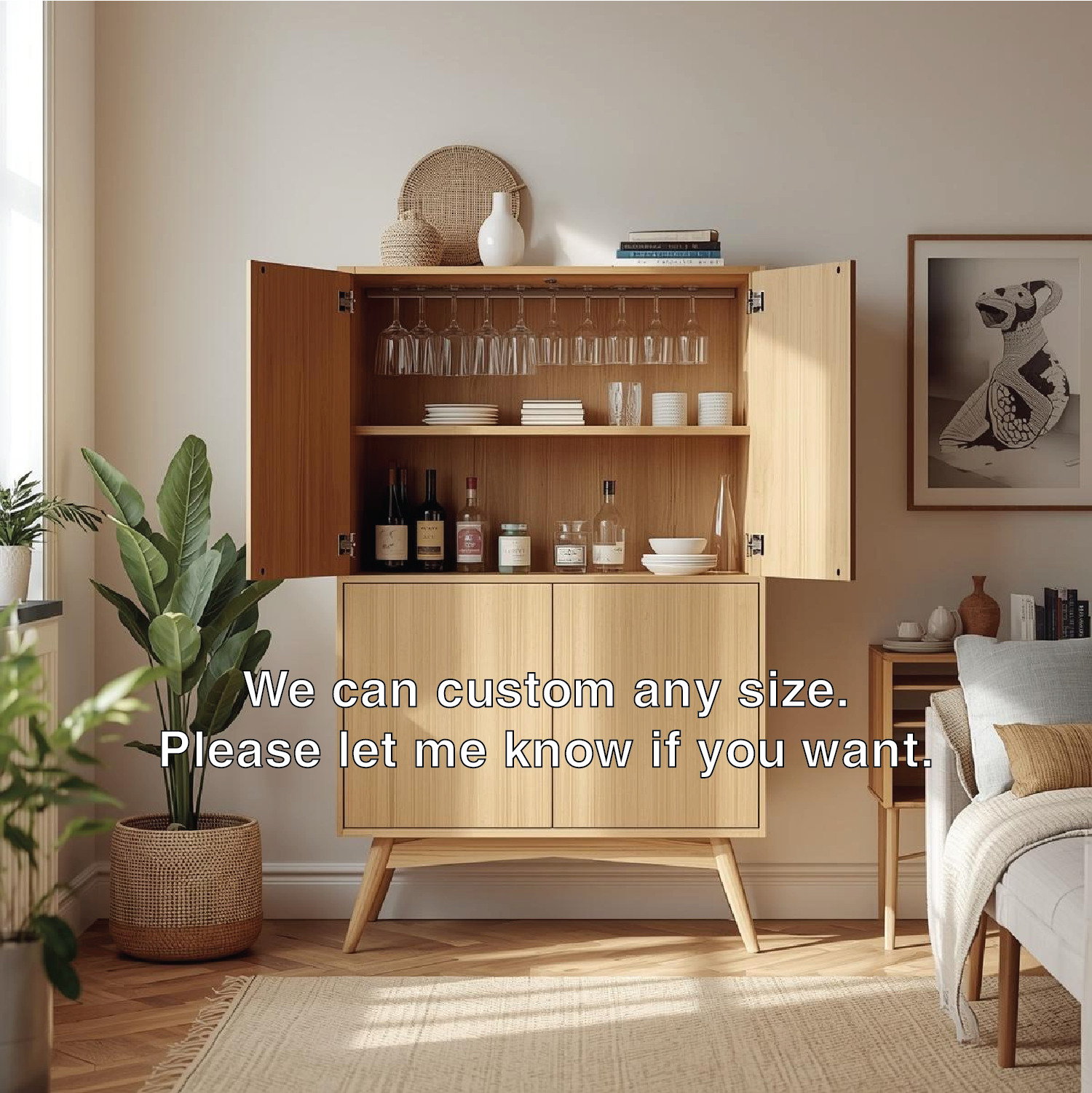 Handcrafted Solid Wood Wine Cabinet Scandinavian Bar Storage with Glass Rack Home Furniture