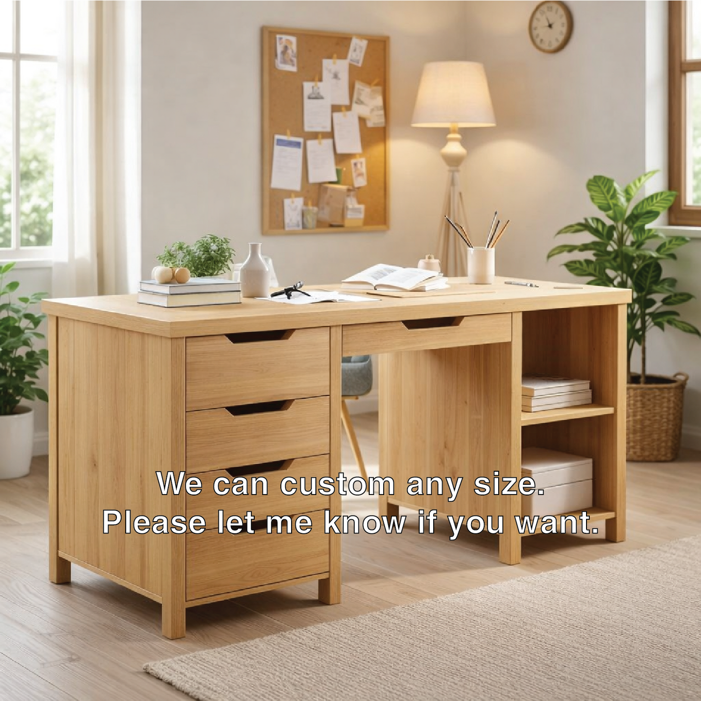 Solid Wood Handmade Work Desk with Drawers and Bookshelf Storage