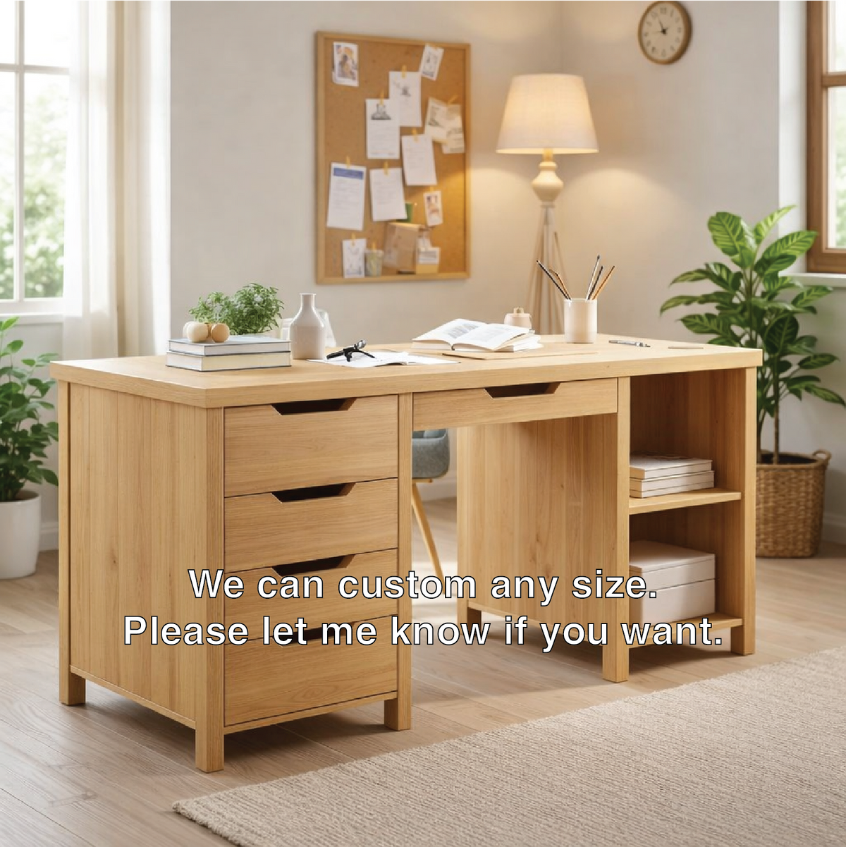 Solid Wood Handmade Work Desk with Drawers and Bookshelf Storage