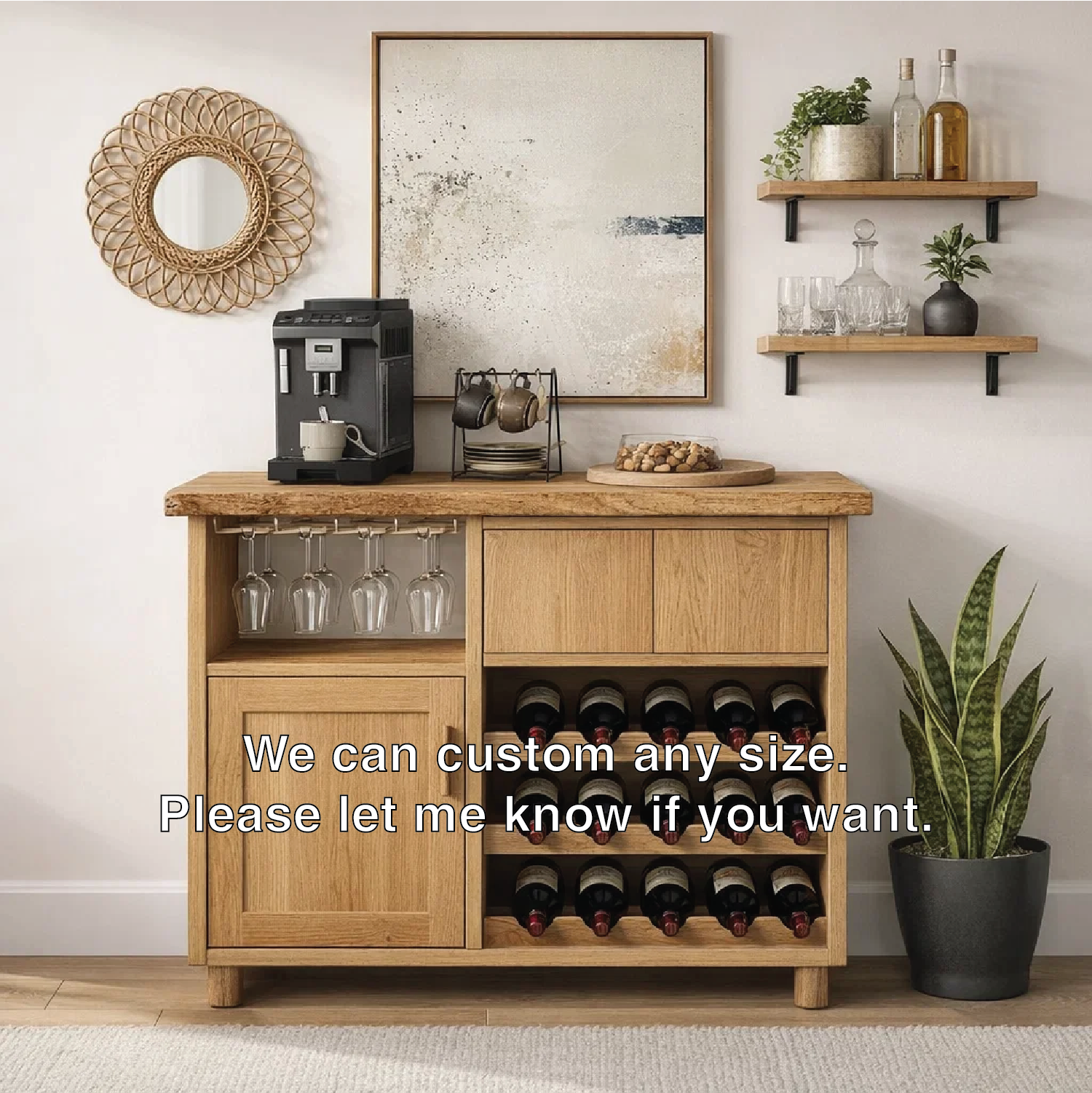 Solid Wood Wine Cabinet with Glass Holder and Bottle Storage Rack