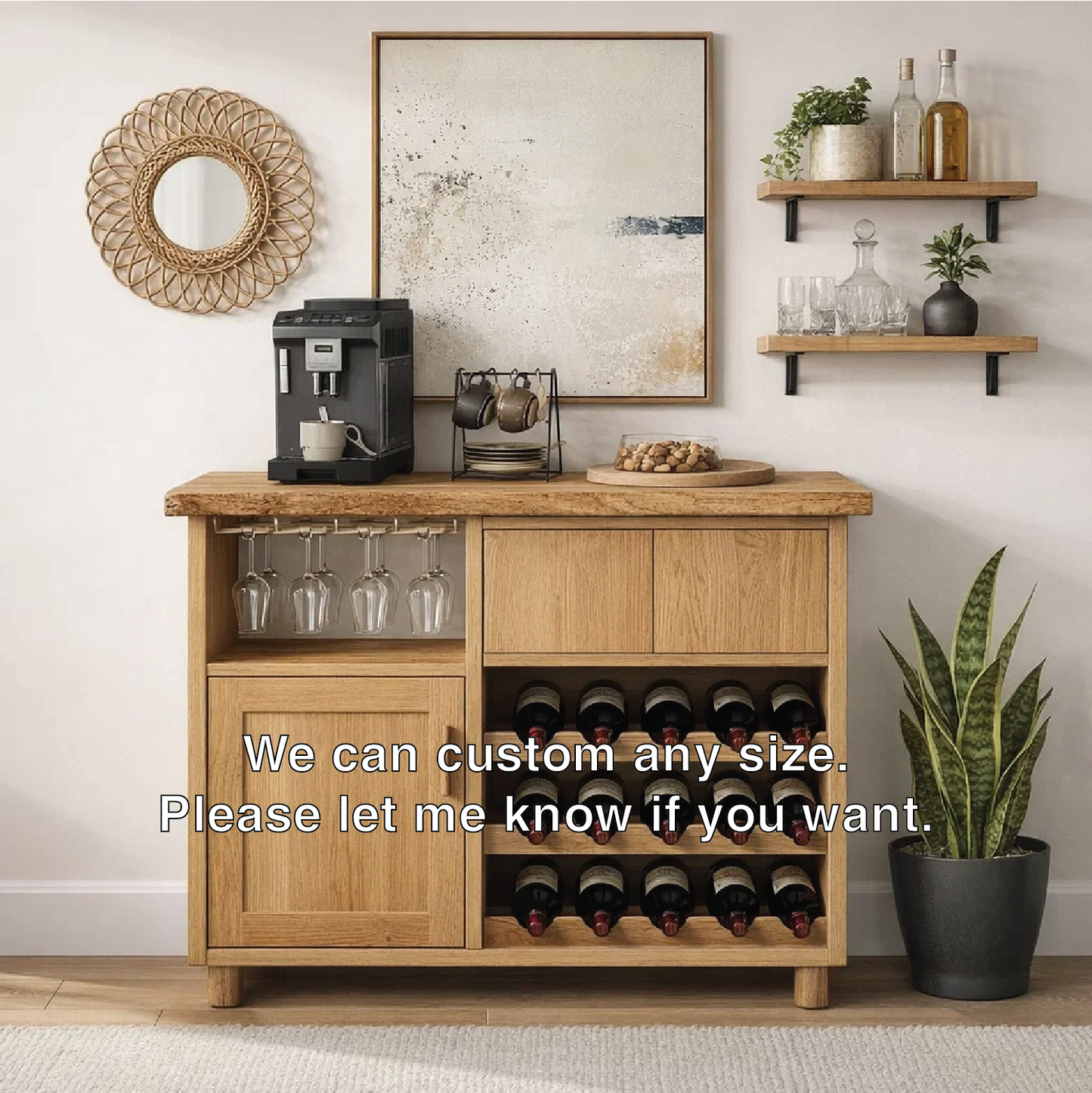 Solid Wood Wine Cabinet with Glass Holder and Bottle Storage Rack