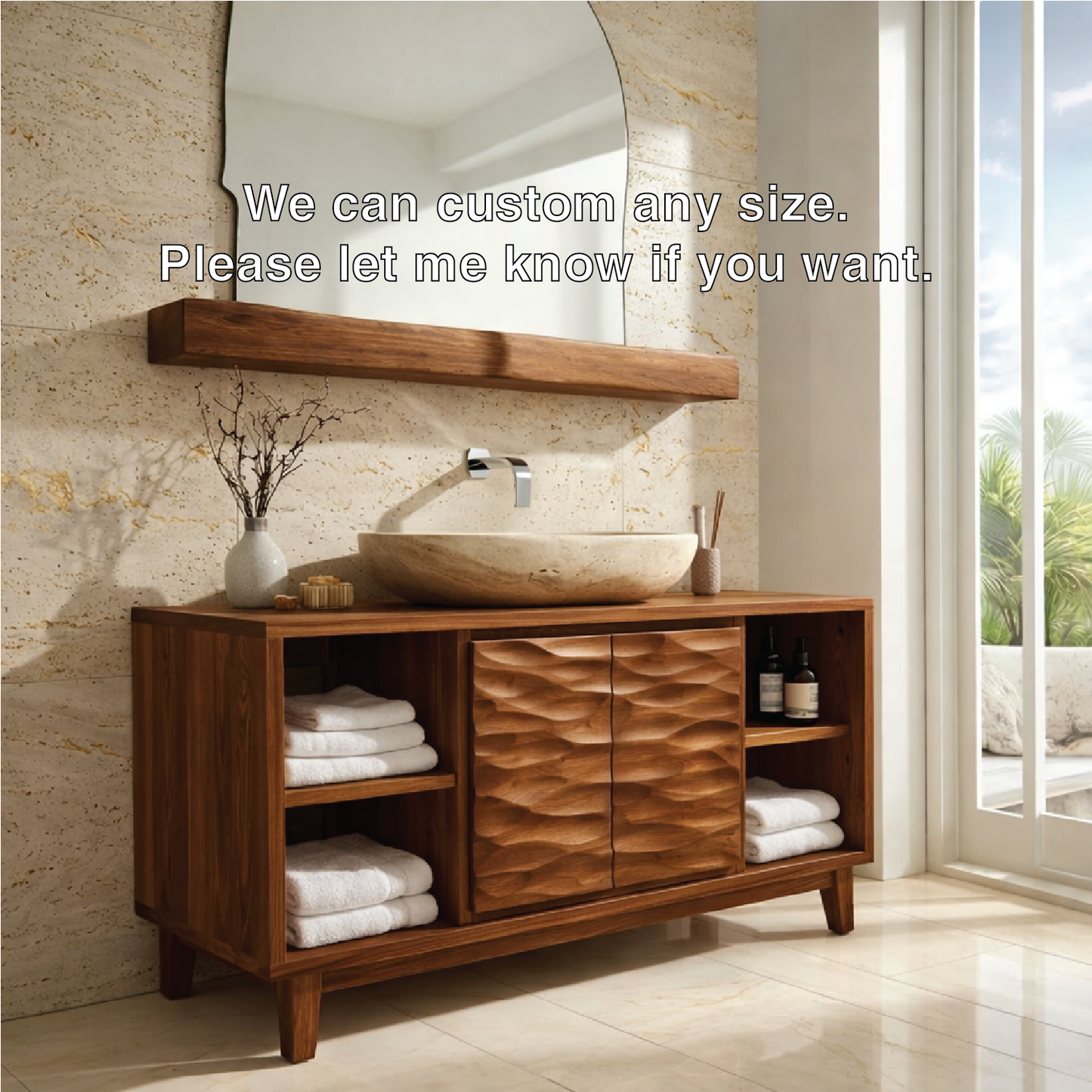 Contemporary Solid Wood Bathroom Vanity with Textured Cabinet Doors and Shelving