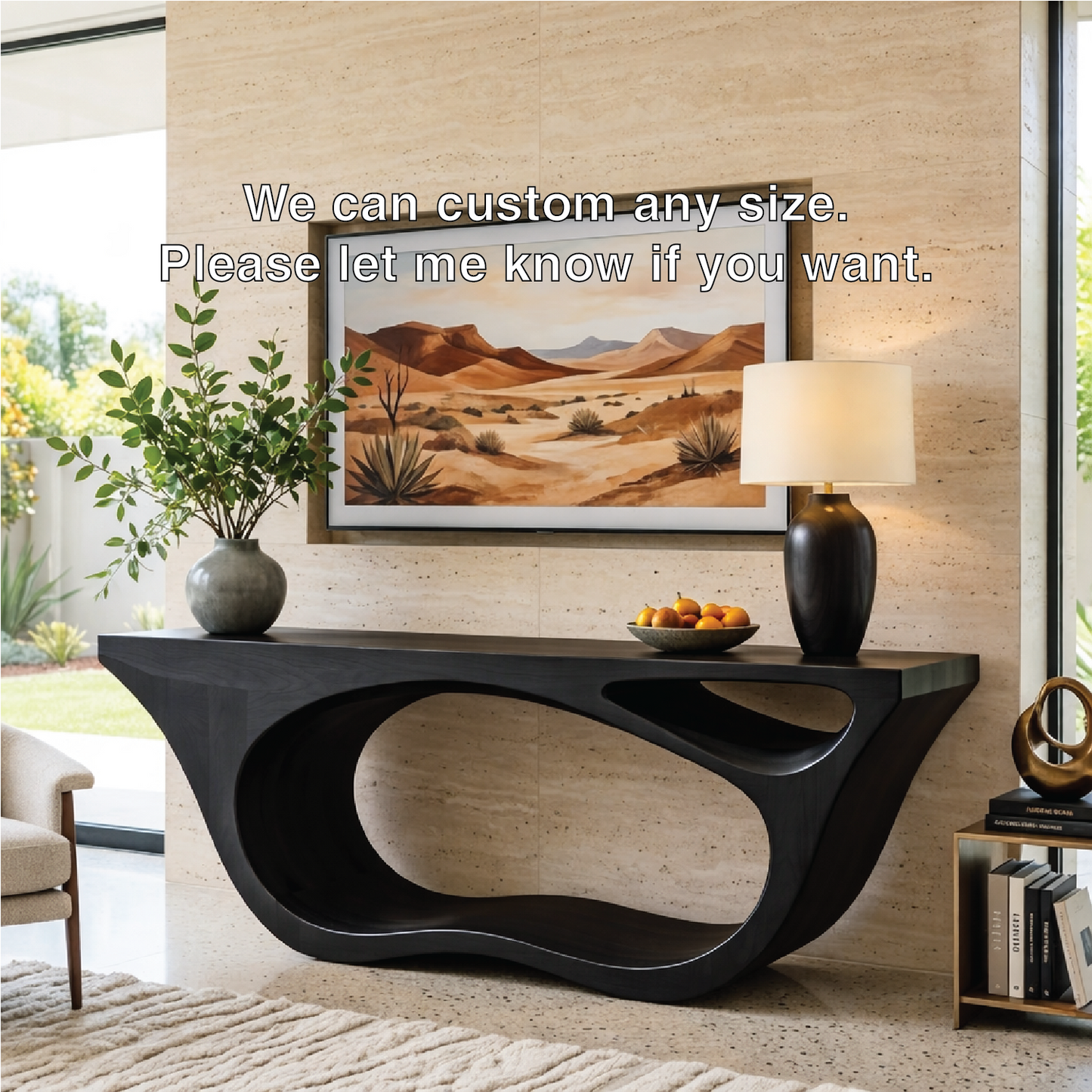 Solid Wood Console Table with Sculpted Open Base, Modern Organic Design