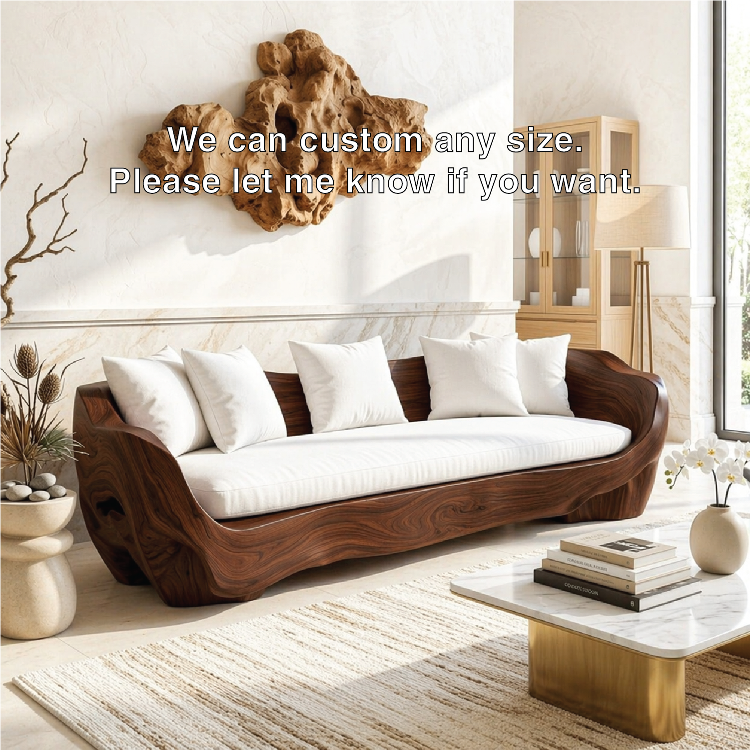 Organic Curved Wooden Sofa, Sculptural Statement Couch with Plush White Cushions