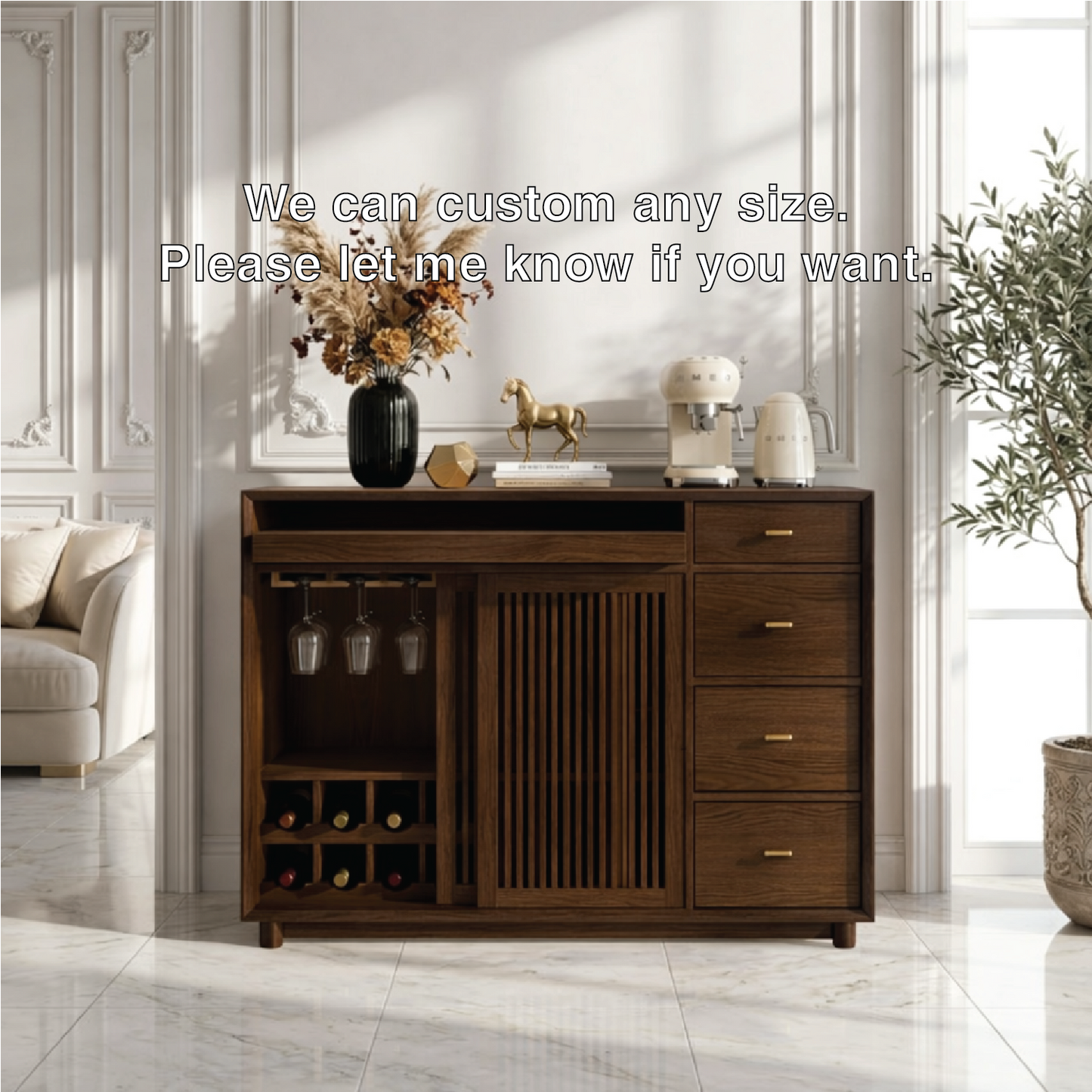 Contemporary Wooden Bar Cabinet, Coffee Station Sideboard with Wine Storage Drawers