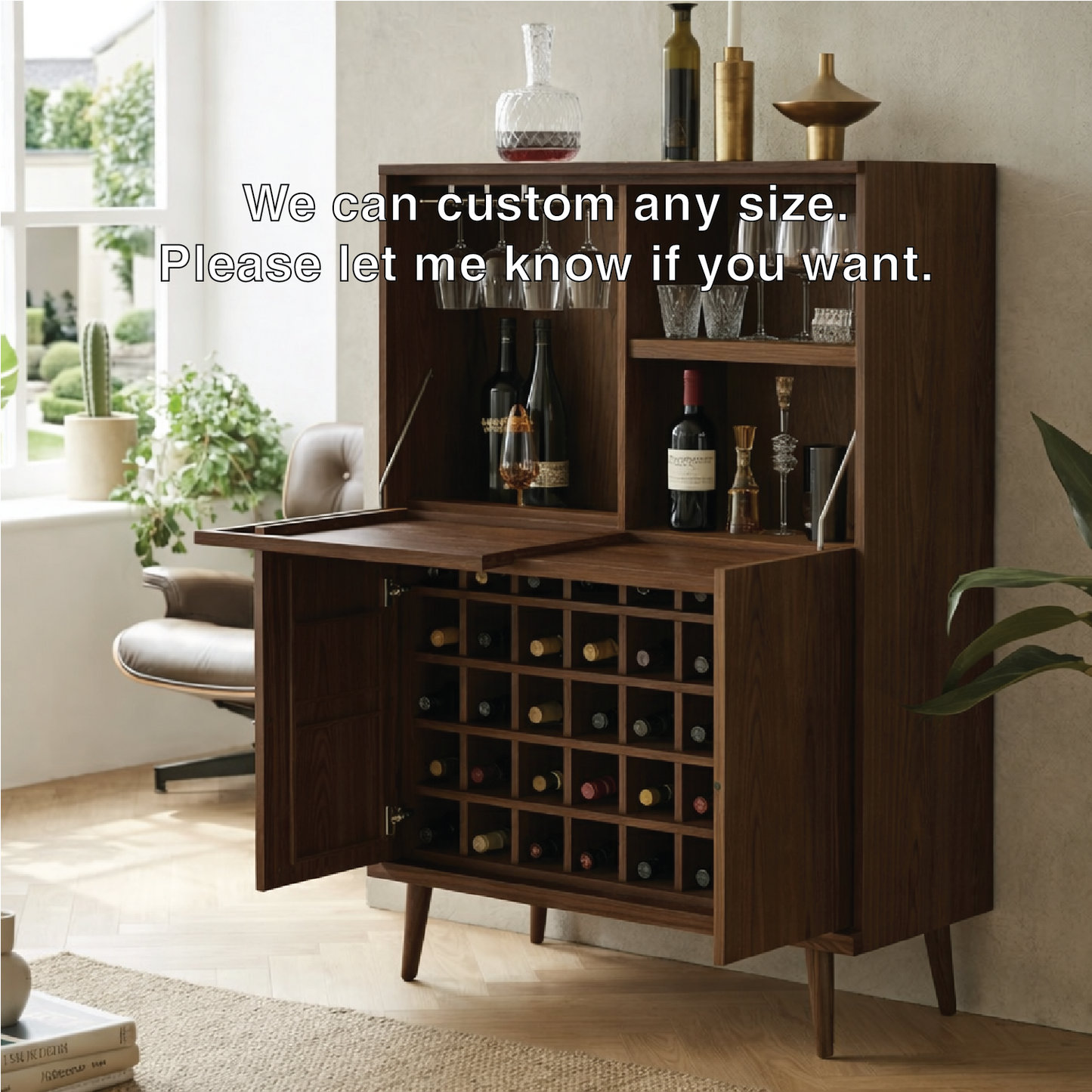 Modern Wine Bar Cabinet with Fold Down Shelves and Large Bottle Storage