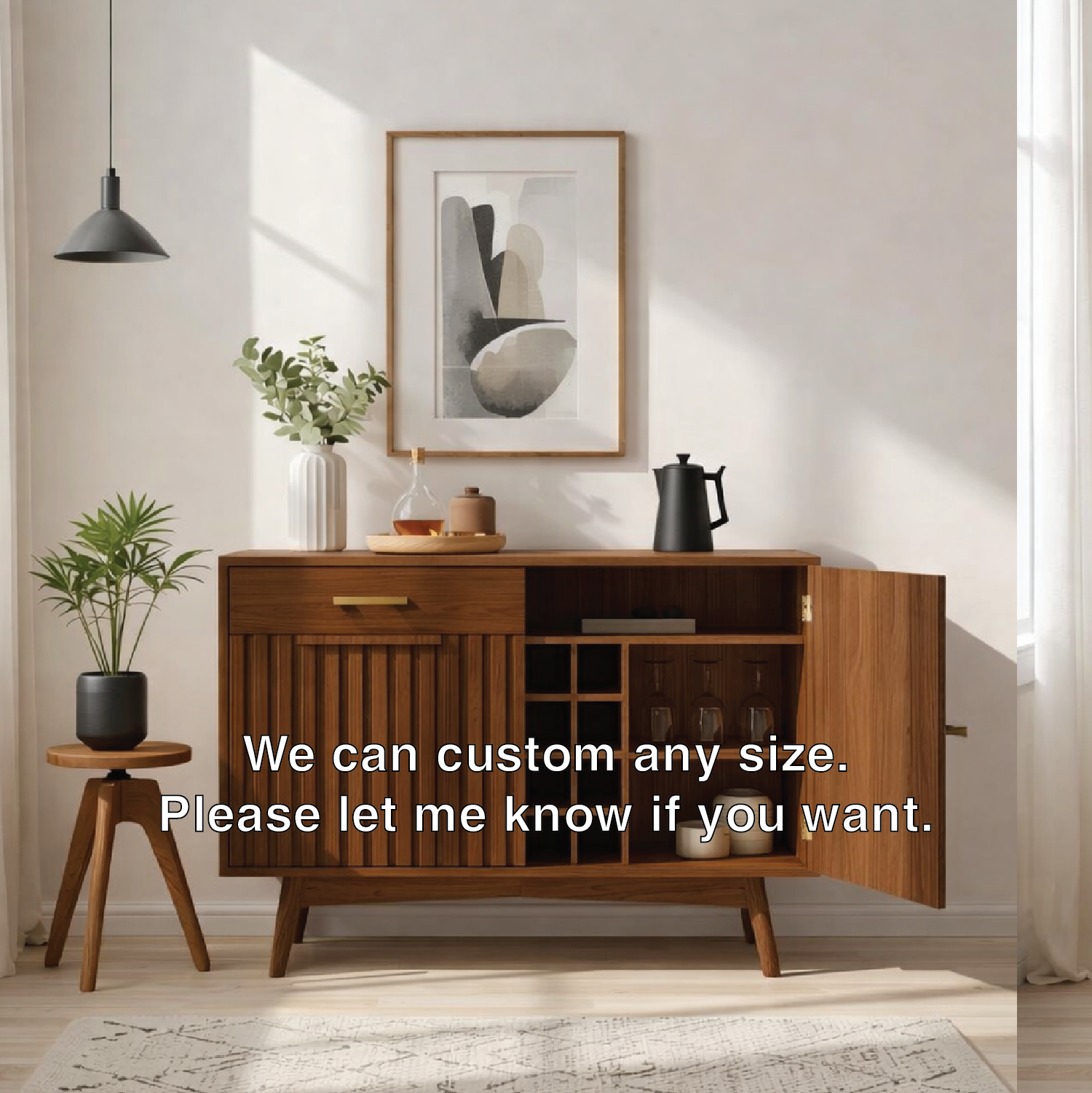 Mid Century Modern Solid Wood Wine Bar Cabinet with Bottle Rack and Glass Storage