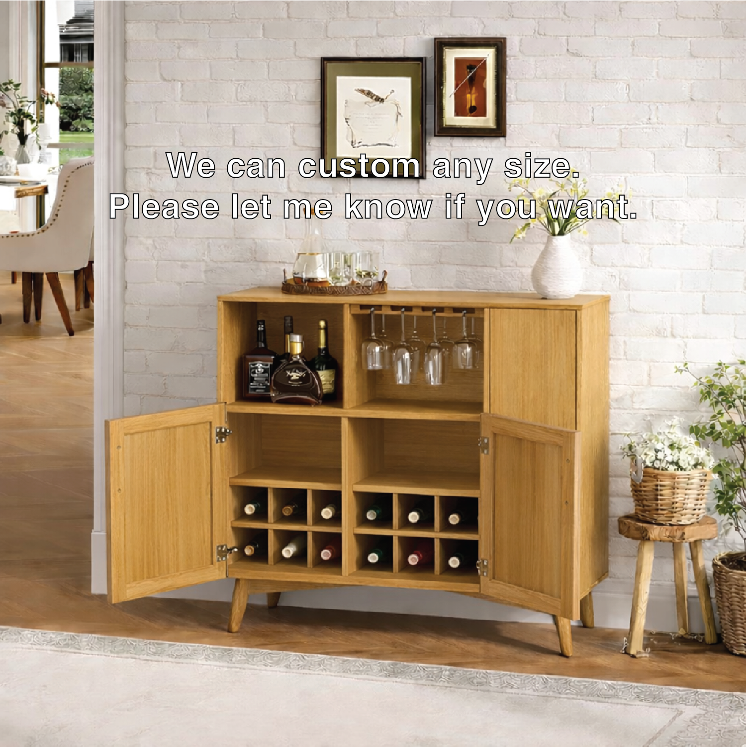 Handcrafted Solid Oak Wine Cabinet Scandinavian Bar Sideboard with Glass Rack Storage Display