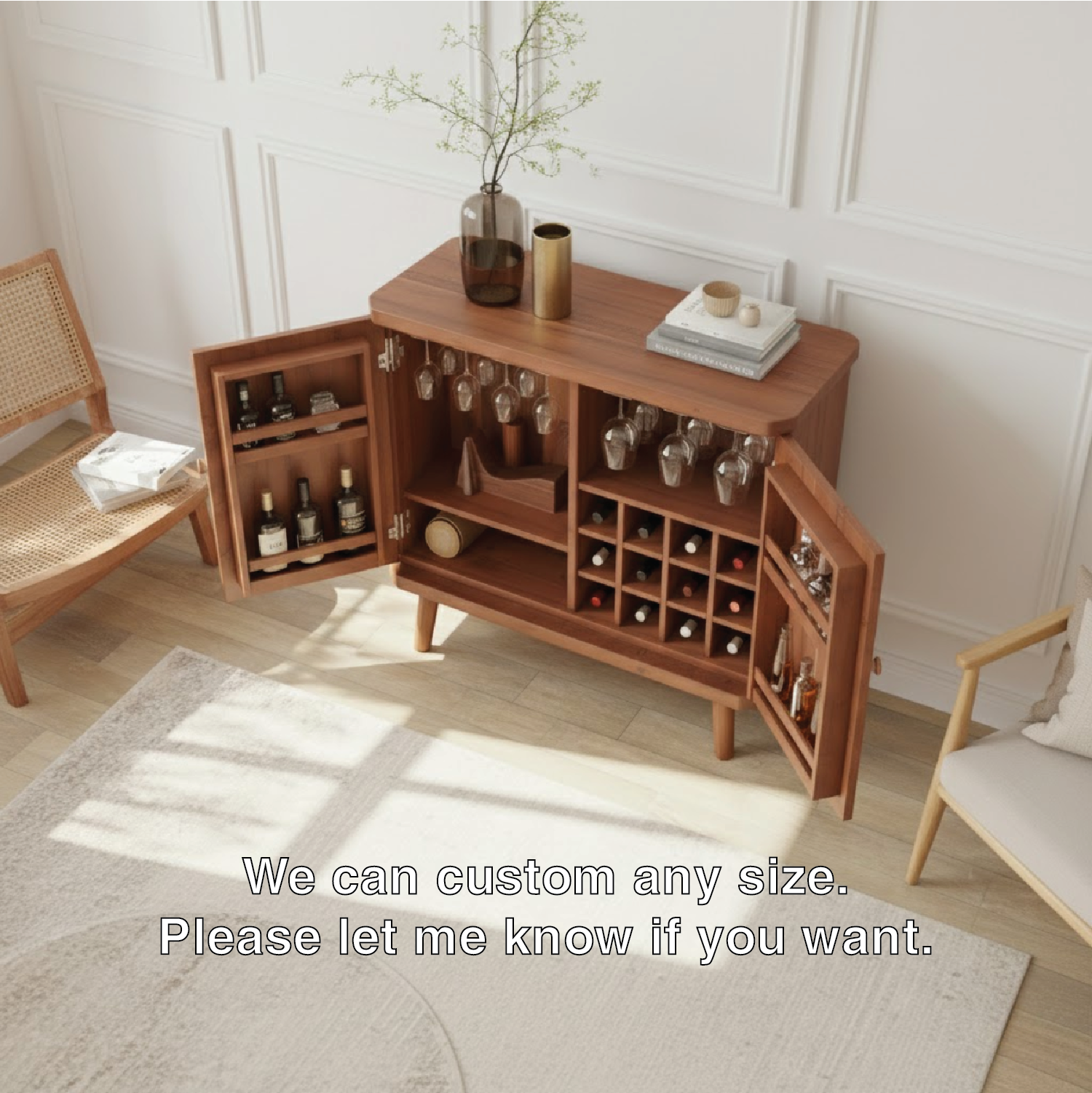 Handcrafted Solid Wood Wine Cabinet Mid Century Bar Sideboard with Glass Rack Storage