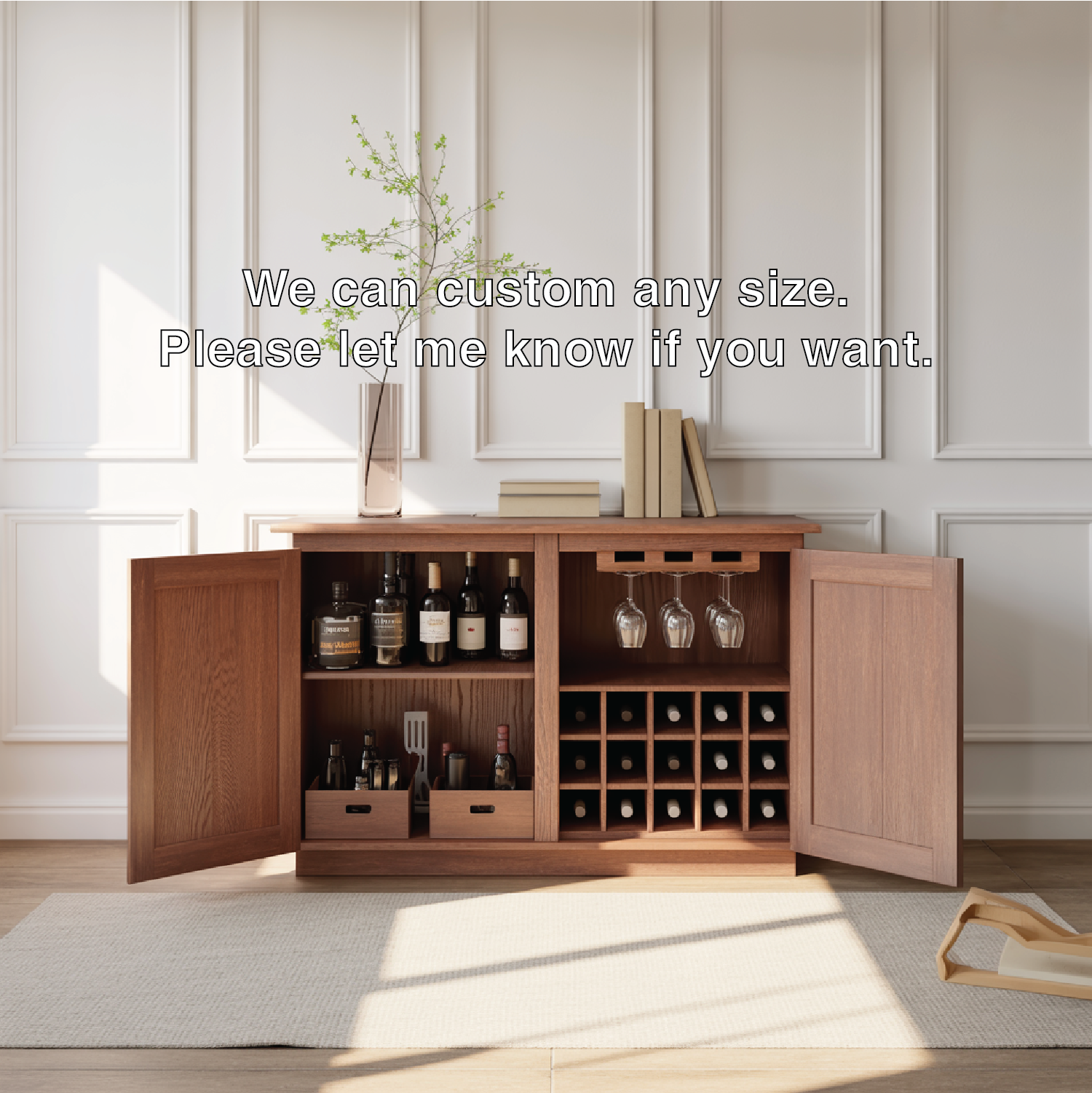 Handcrafted Solid Wood Wine Cabinet Sideboard with Glass Rack Mid Century Bar Storage