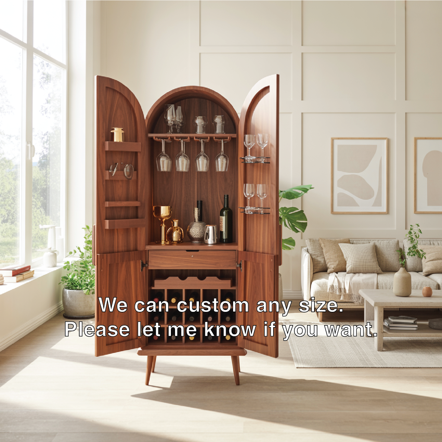 Handcrafted Solid Wood Arched Wine Cabinet Mid Century Bar Storage with Glass Rack