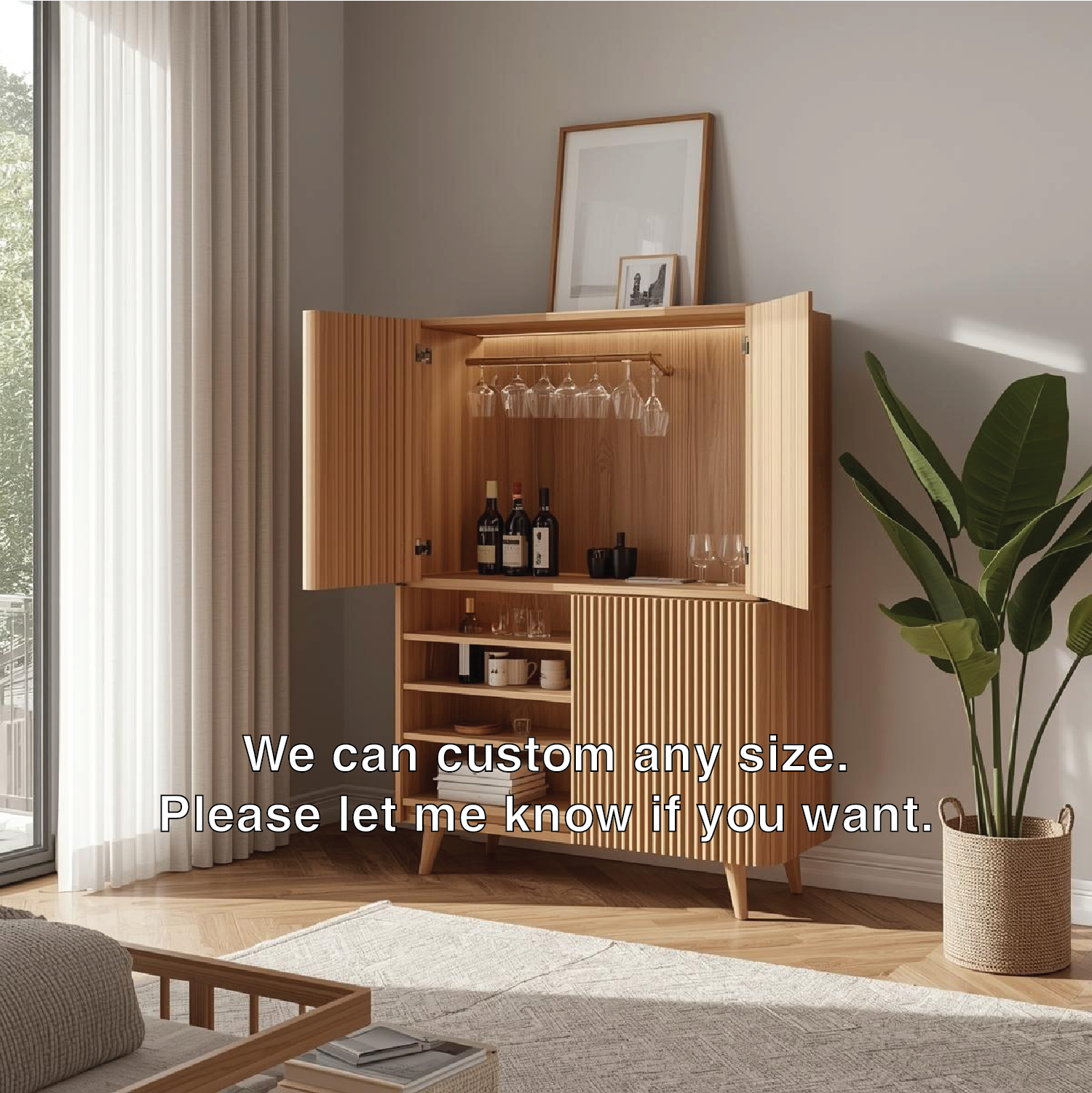 Handcrafted Solid Wood Wine Cabinet Ribbed Door Scandinavian Bar Storage with Glass Rack Display